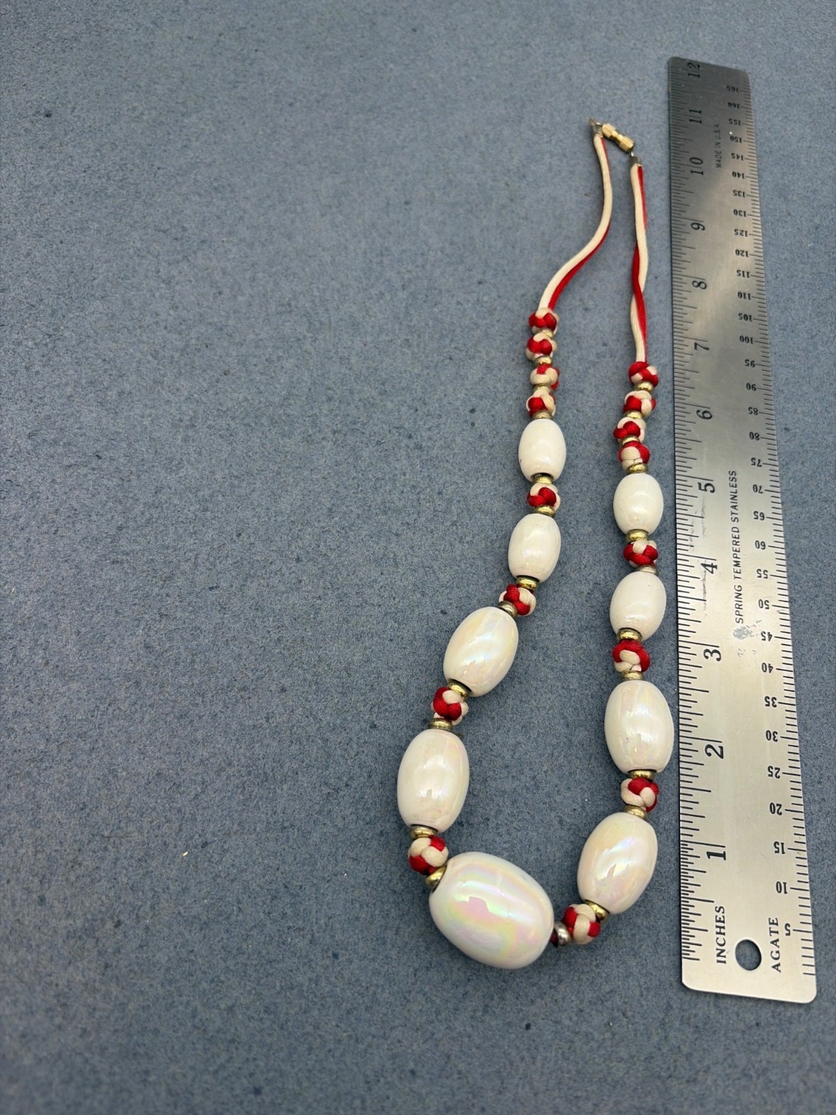 Vintage Knotted Rope Necklace 20 In Red White Iridescent Beads Gold Nautical