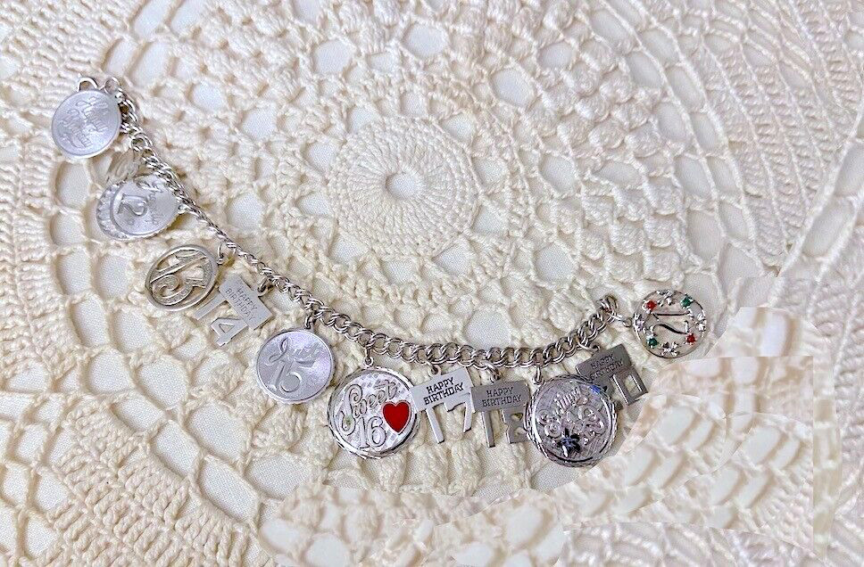 SWEET! Estate 60s-80s ster 13-CHARM BRACELET (ages 10-21) HAPPY BIRTHDAY CHARMS