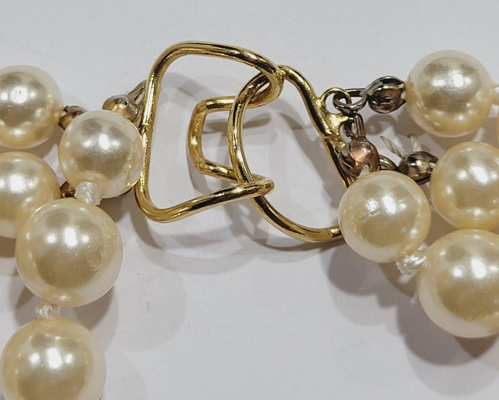 Triple Strand Off White Faux Pearl Knotted Necklace with Gold Tone Clasp 15 Inch