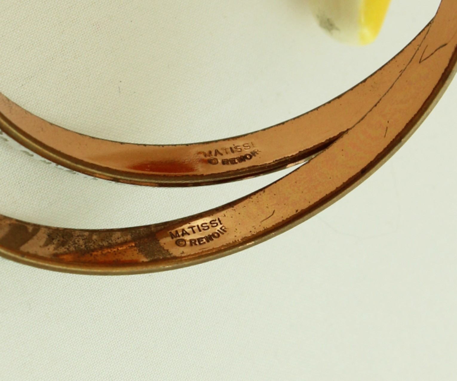 Matisse Renoir Enameled Copper Bangle Bracelet Pair Signed; Book Reference