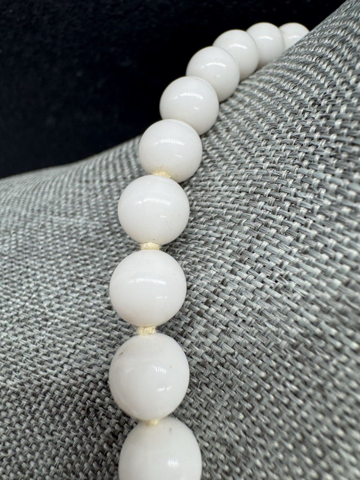 White Glass Single Strand Beaded Necklace Hand Knot 16” ~ Vintage Japan