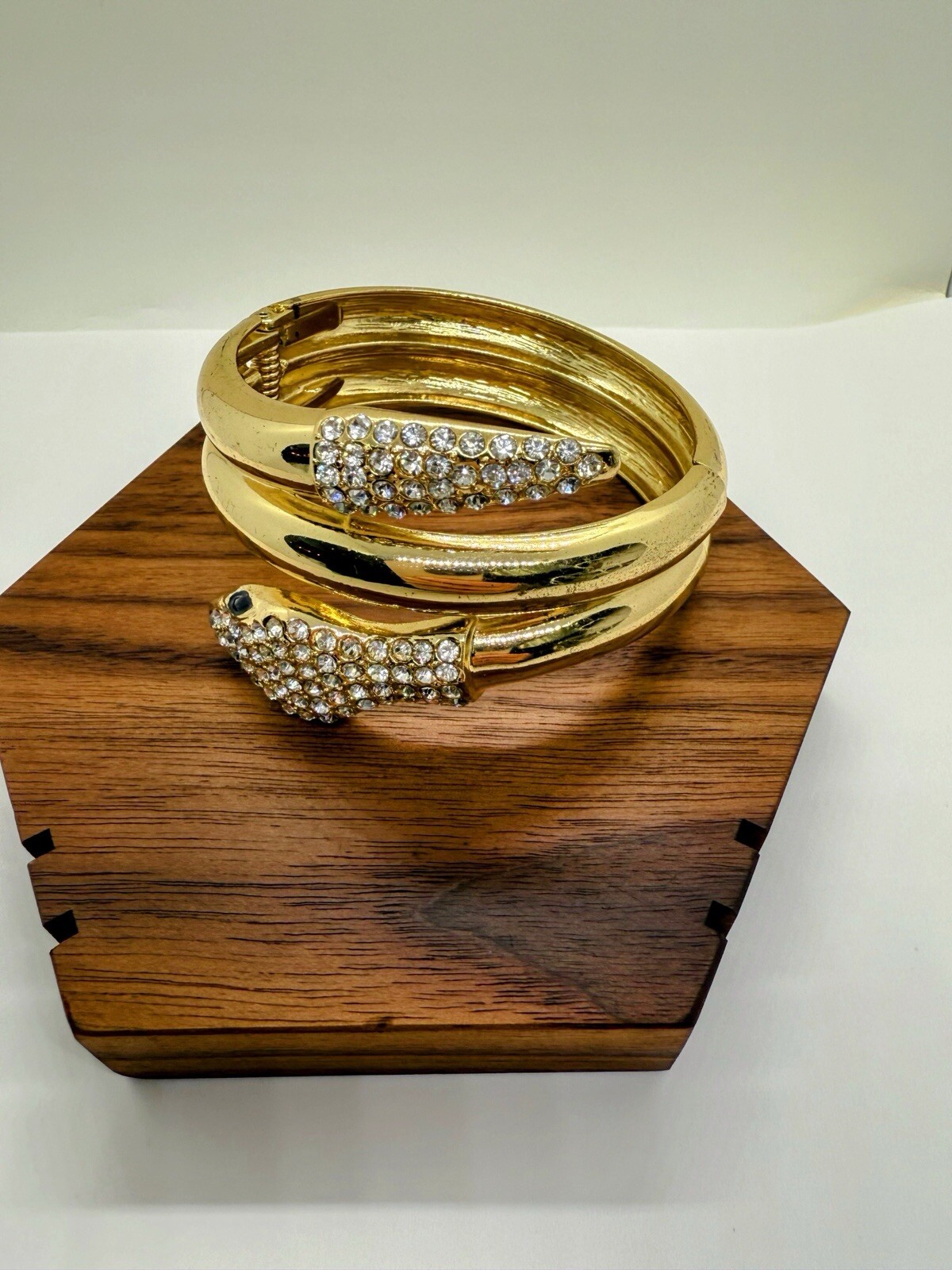 Gold Tone Rhinestone Snake Wraparound Hinge Bracelet – 2 3/8 Inch Inner D