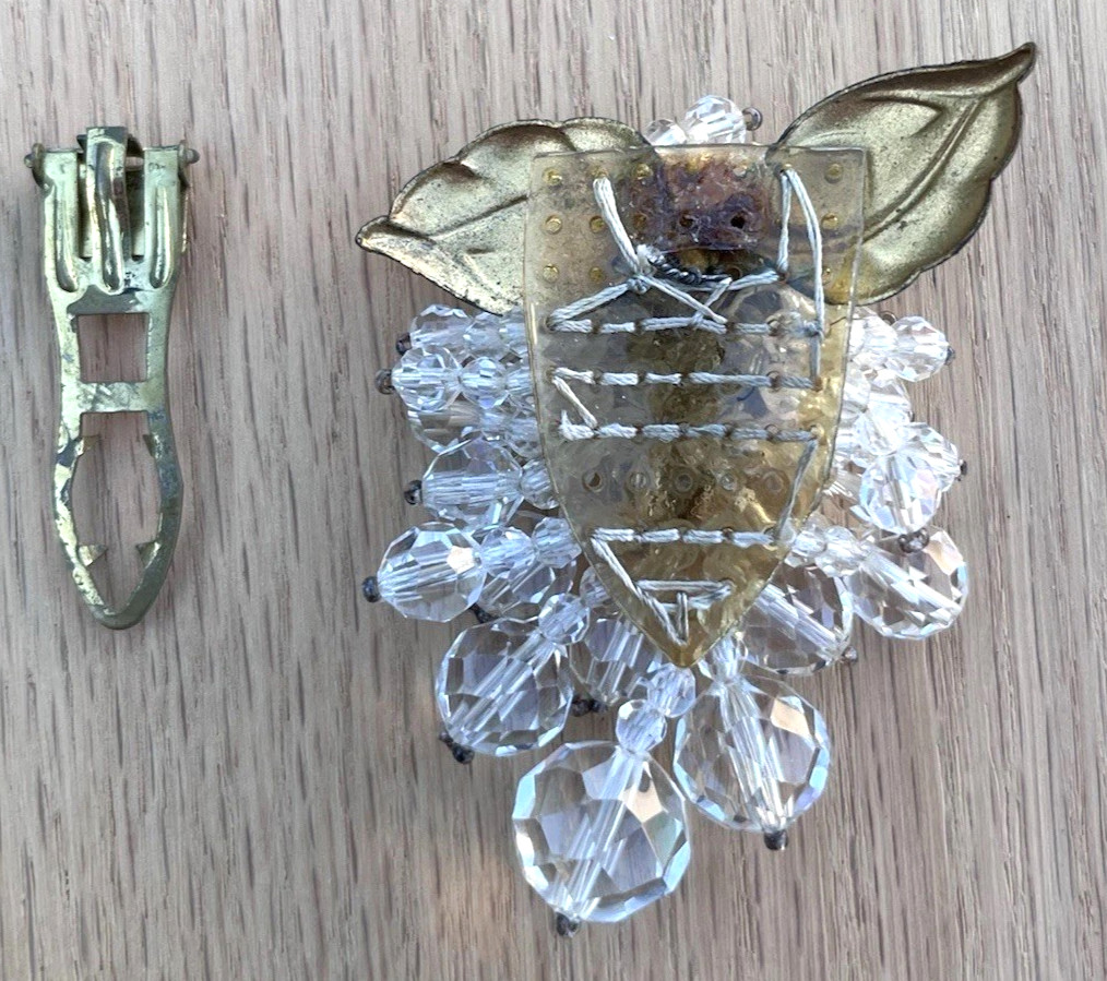 Antique 1930s Fur Dress Clip Brooch Clear Glass Cut Beads Grape Cluster Leaves