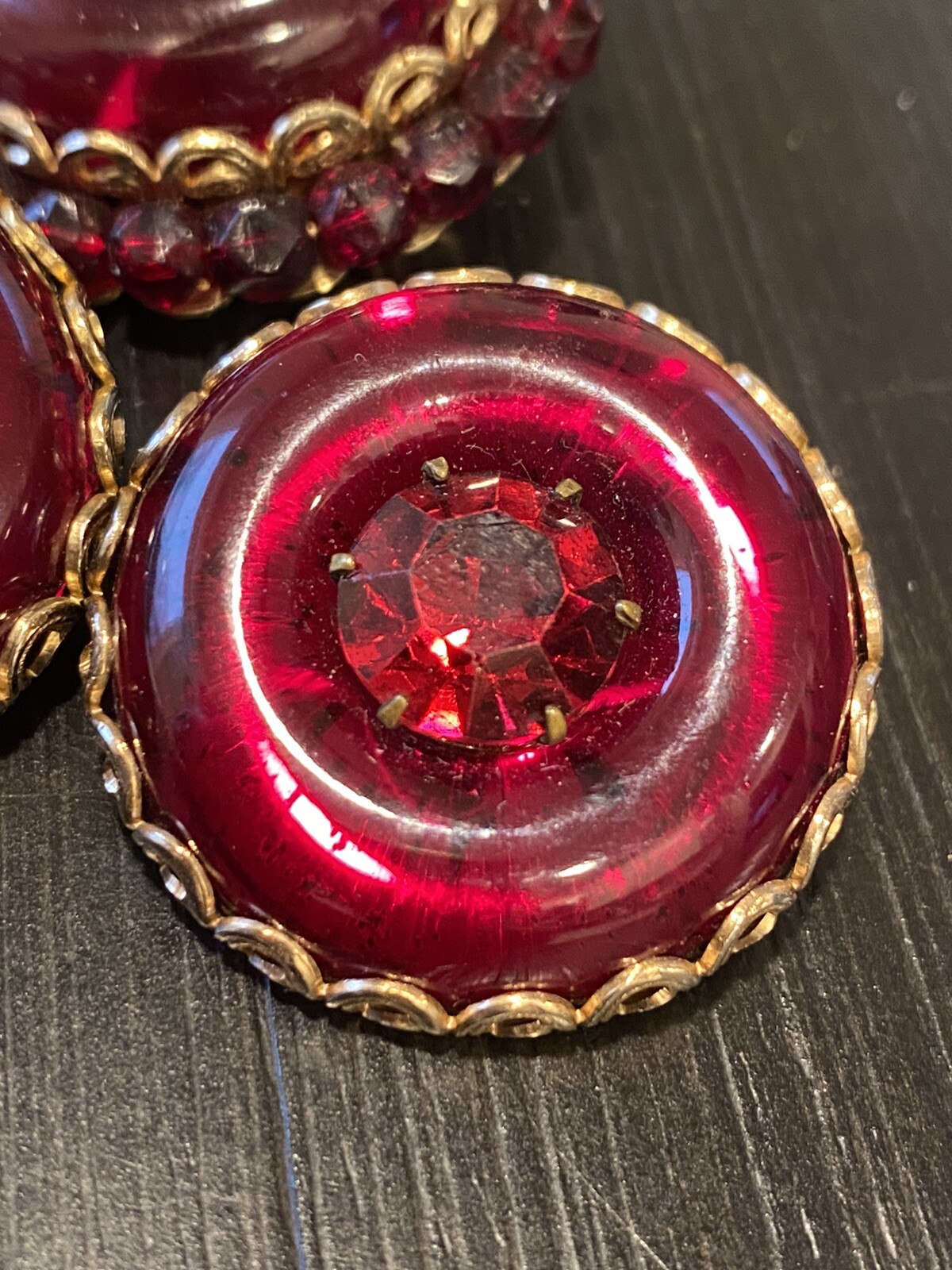 Designer French Ruby Glass Earrings Pin Set incredible Mogul Poured