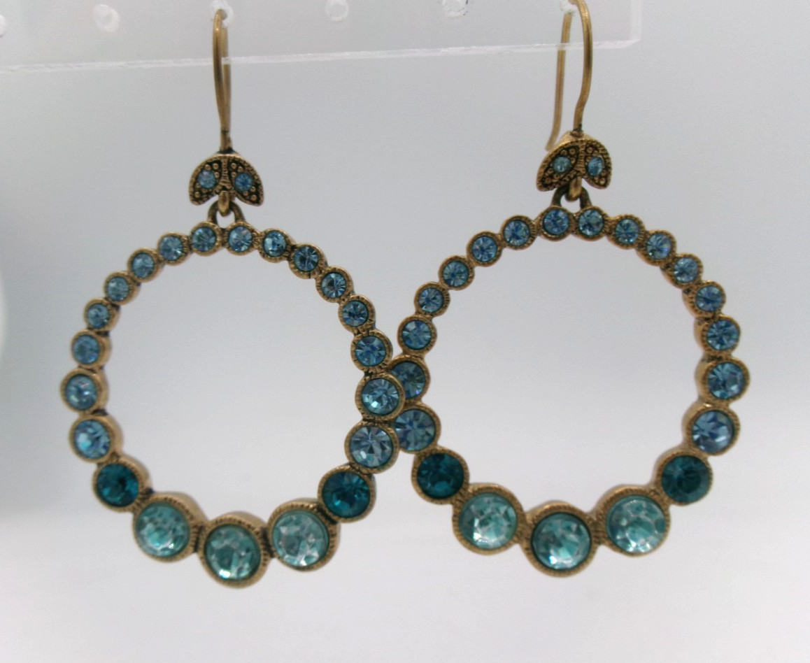 Vintage Liz Claiborne Hook Pierced Dangle Circle Blue Rhinestone Earrings