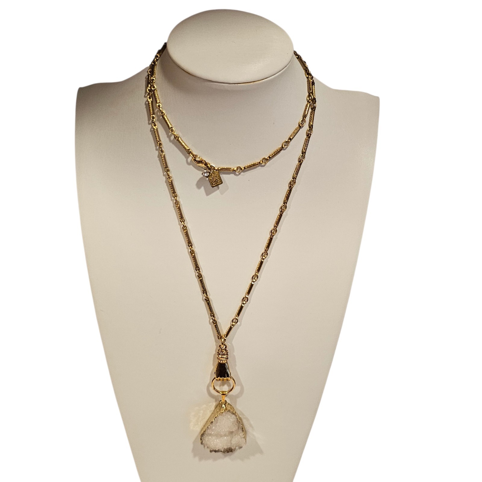Designer John Wind Maximal Art Hand Door Knocker Geode Gold Tone Necklace