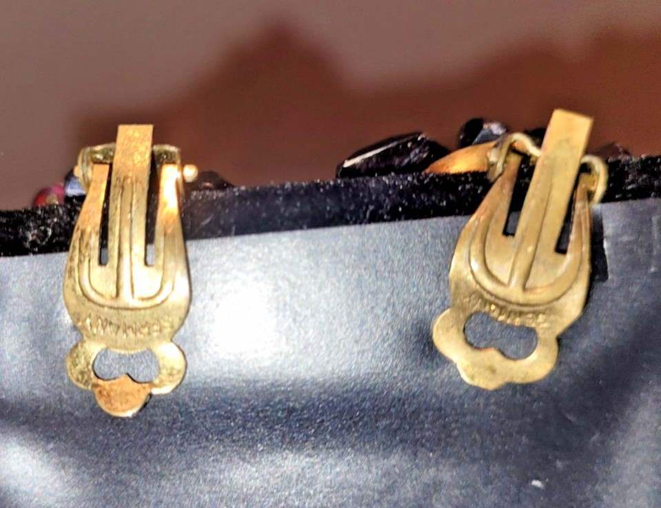 Vintage Blue Purple and Gold Clip Earrings Signed Germany