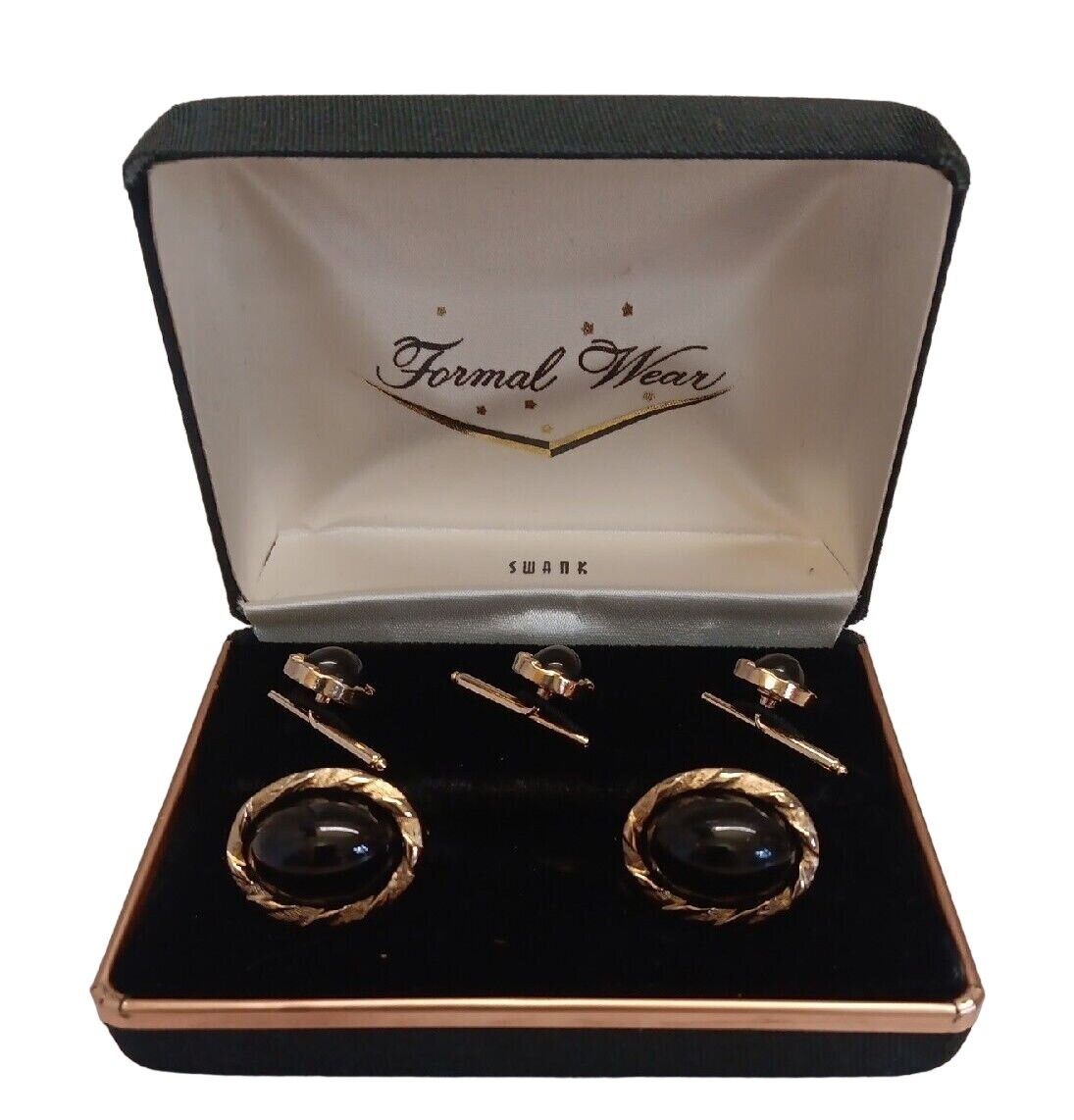 ✅VTG Swank Gold Tone & Black Cabochon Cufflinks Studs Dress Set in Original Box