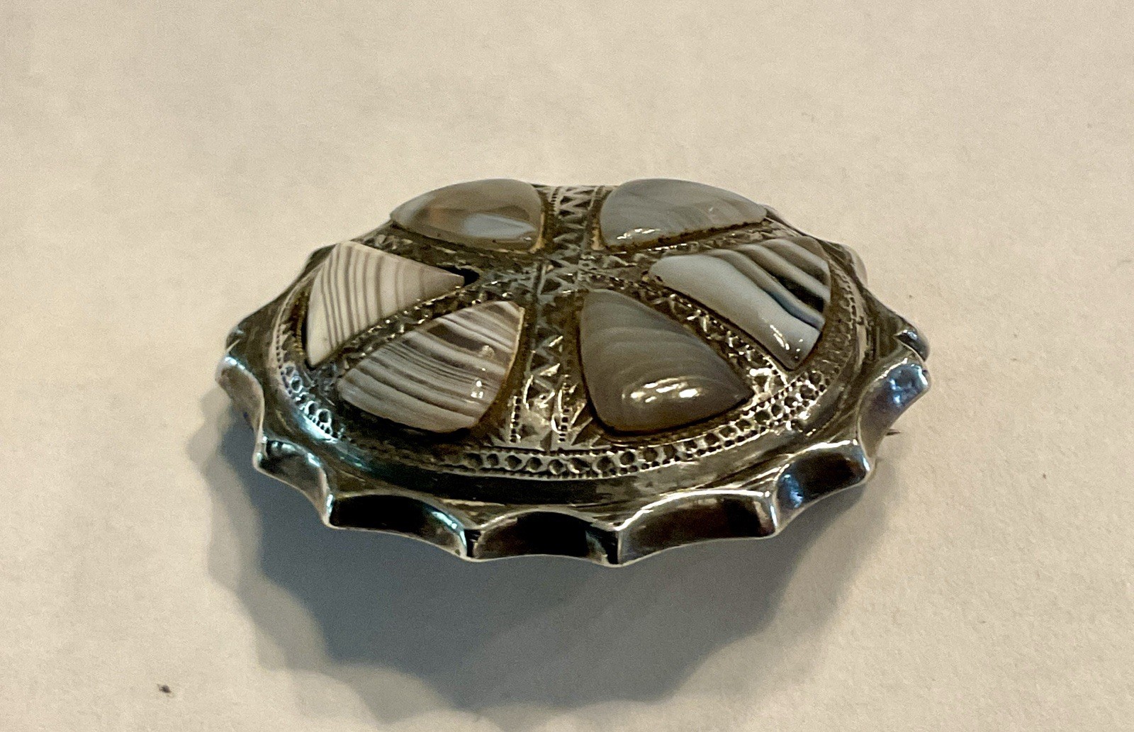 Antique Sterling Silver and Grey Agate Stone Scottish Pin 9.64 Grams