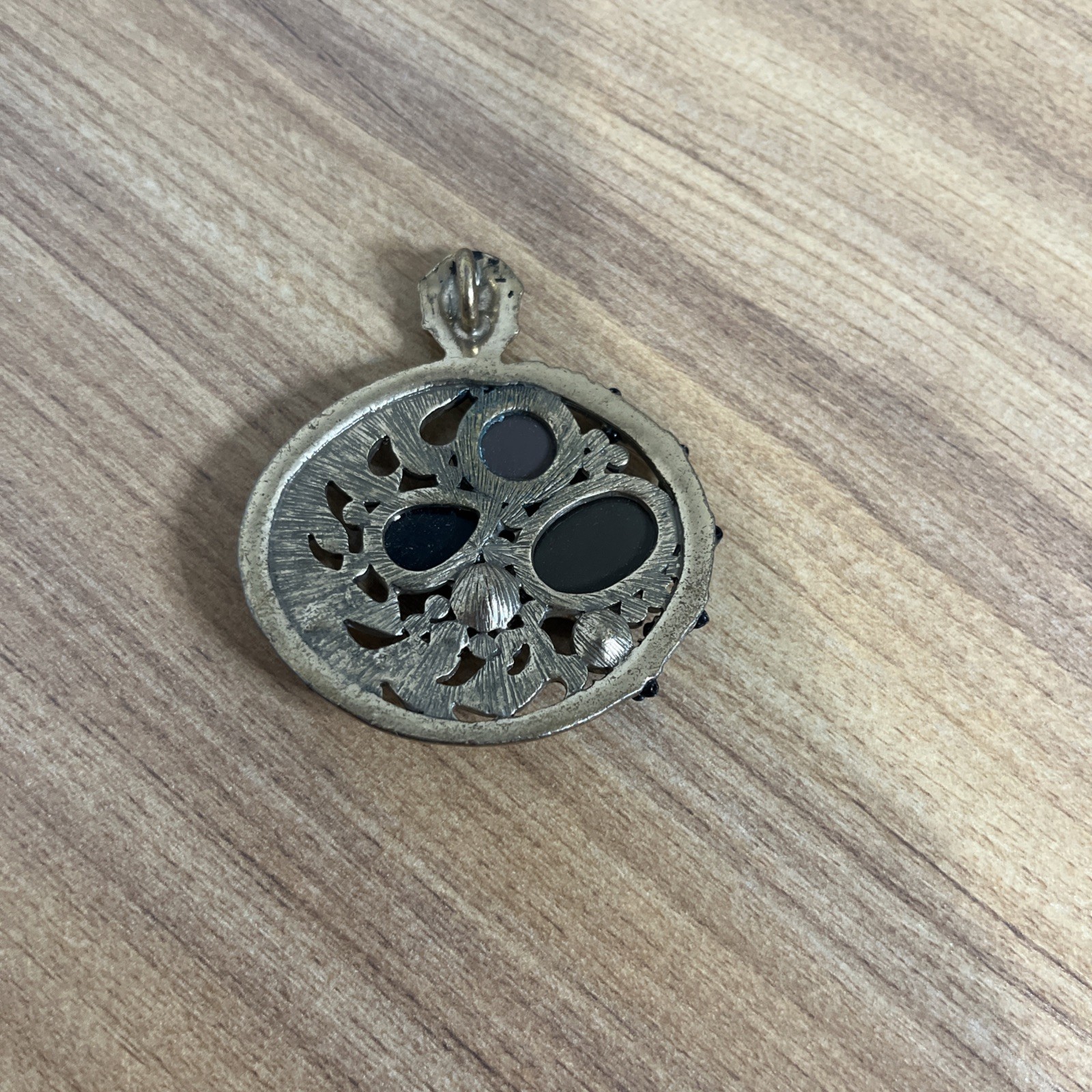 Lia Sophia Amber Stone Rhinestone Brass Round Pendant