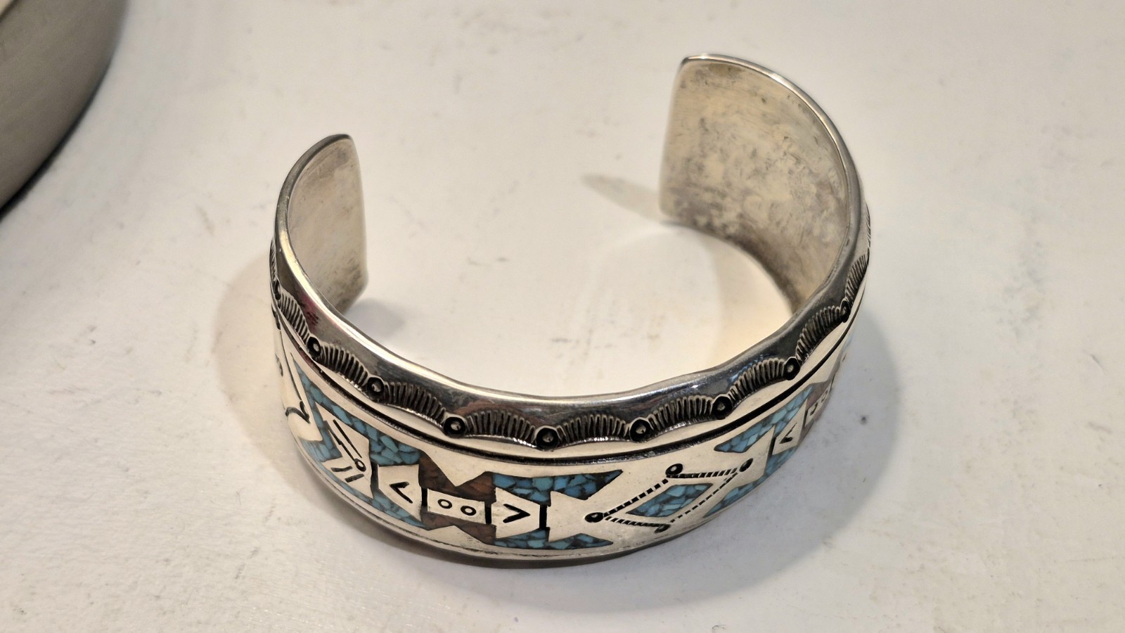 Frances Begay Navajo Sterling Silver Turquoise Inlay Cuff Bracelet 44g