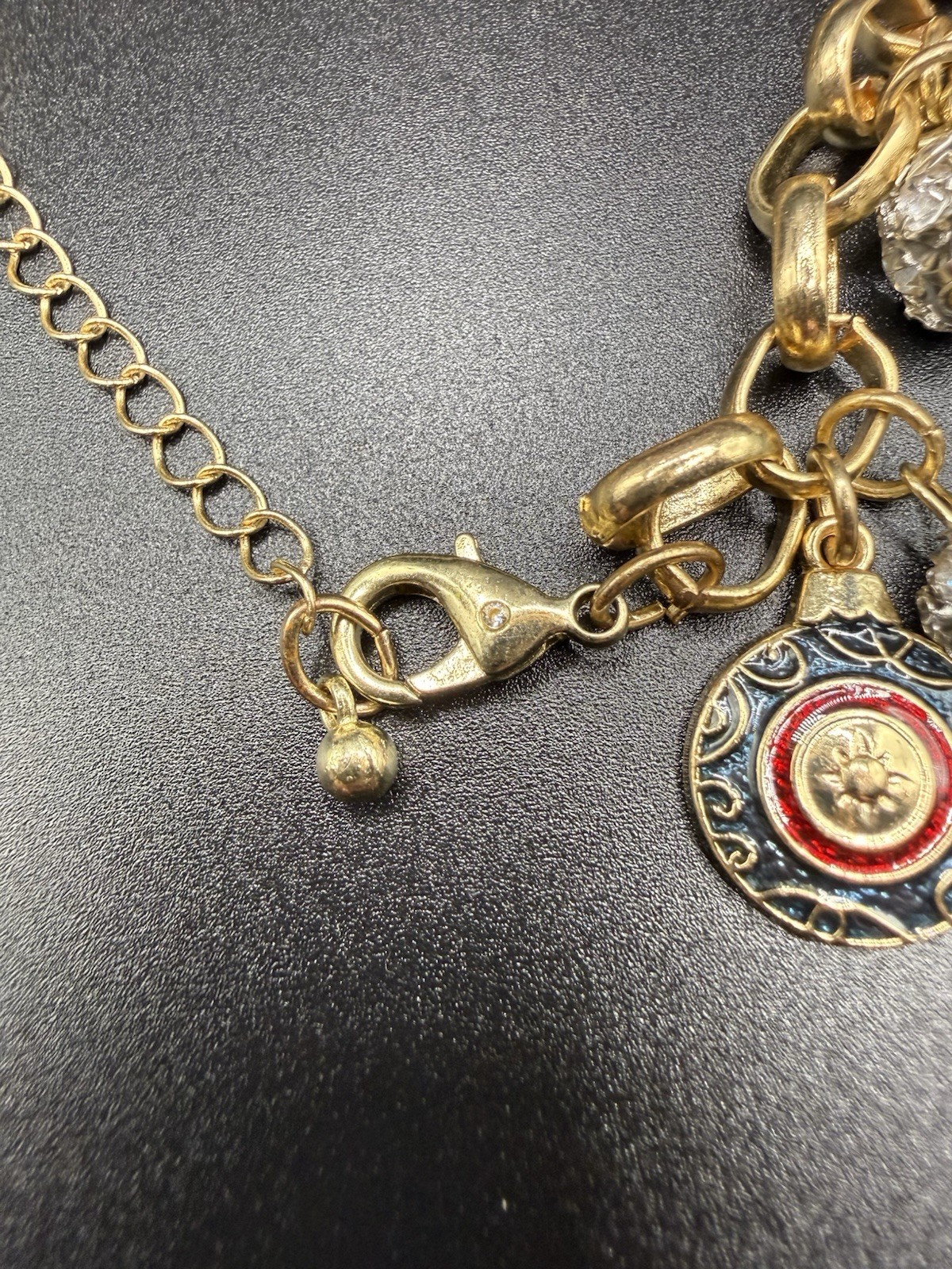 Vintage Christmas Nutcracker Charm Bracelet Enamel Rhinestone Gold Tone 7-9”