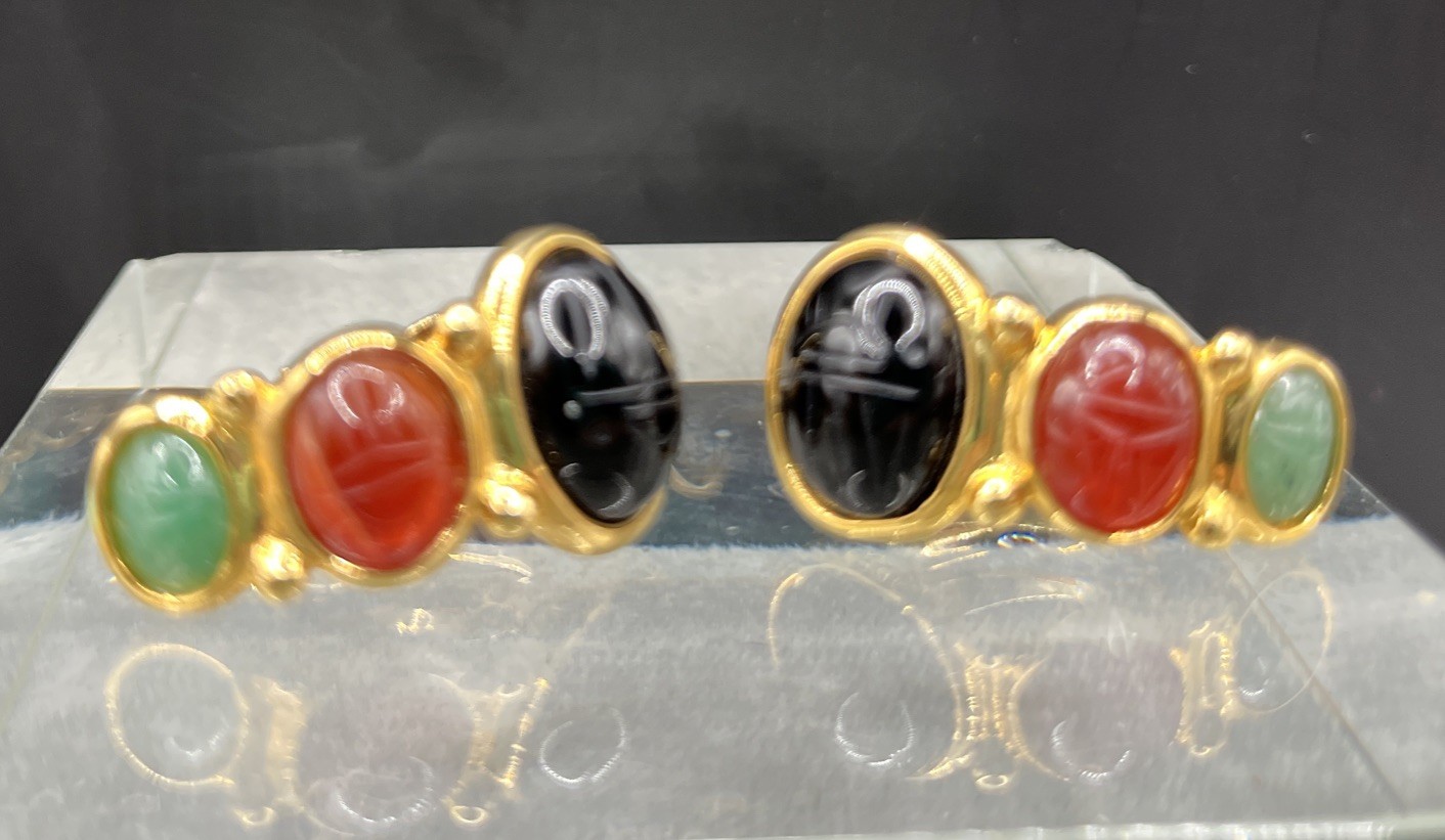 Egyptian Style Carved Scarab Weingeroff Glass/stone Half Hoop Drop Earrings