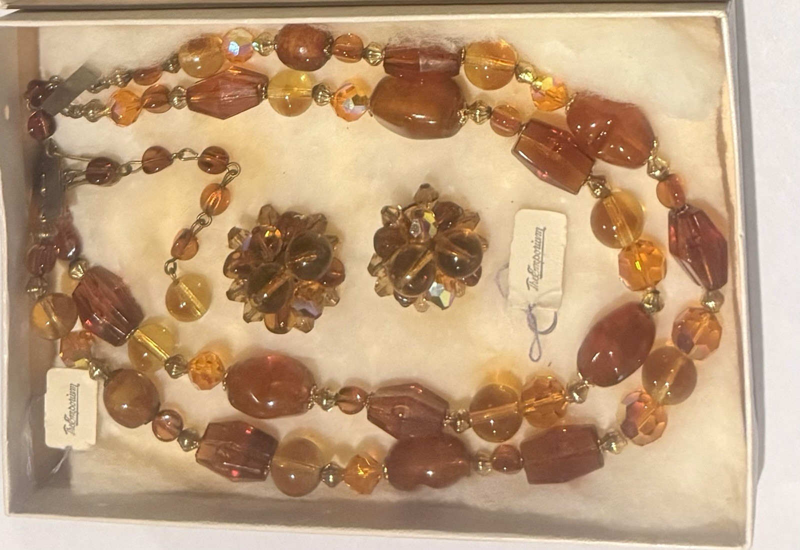 Stunning 1960s The Emporium Multi-Strand Amber Bead Statement Necklace & Earring