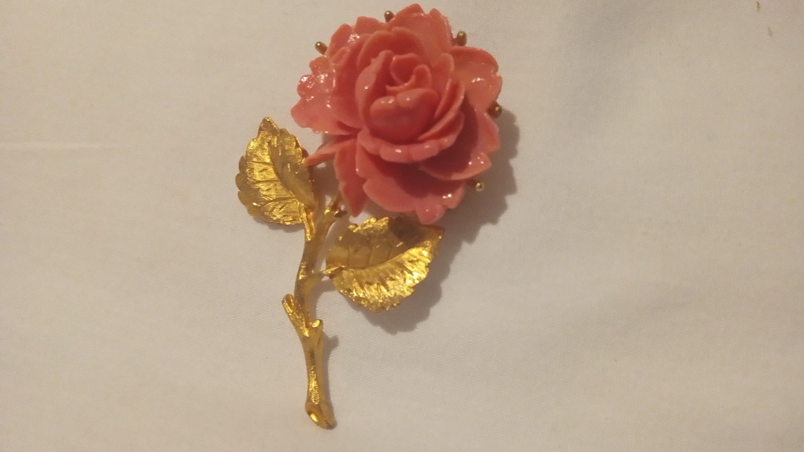 Vintage Gold Tone Peach Color Celluloid Rose Brooch/ Pin 2 3/8 Inches