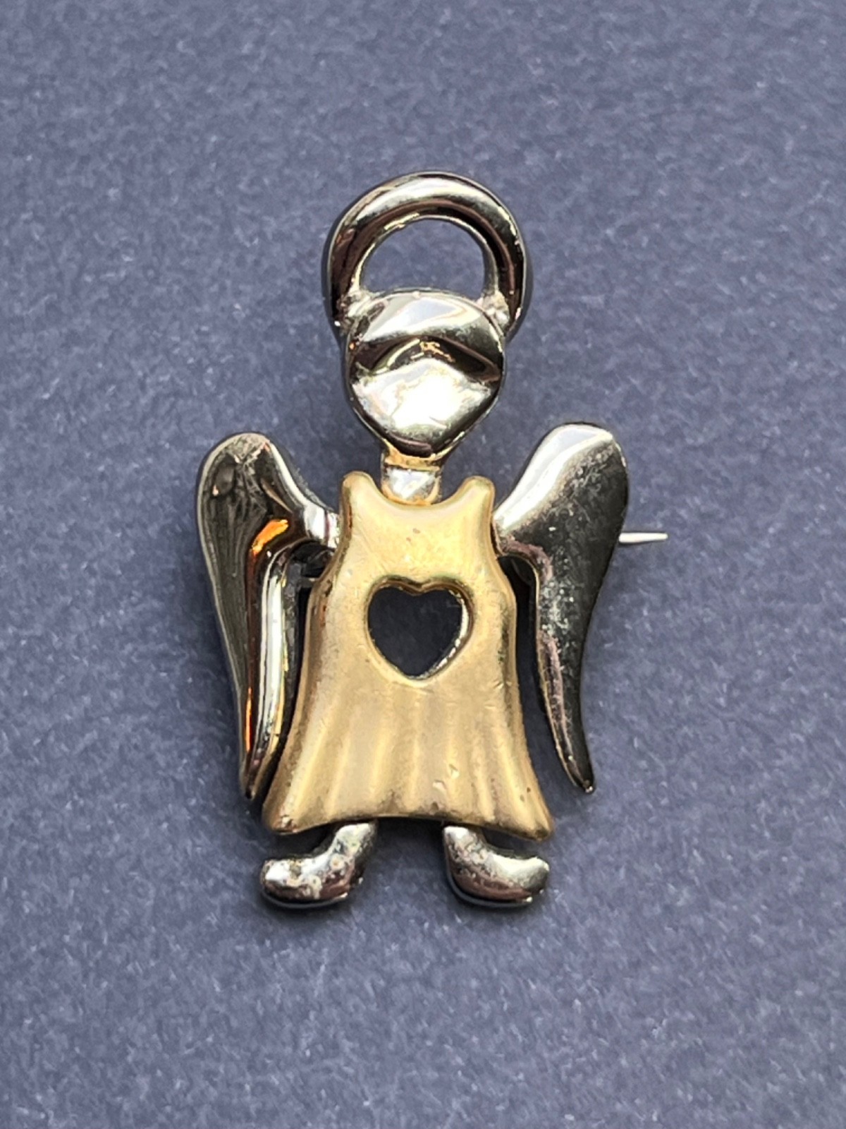 Angel Brooch Gold & Silver Tone ~ 1980s Guardian Angel Pin with Heart Cutout