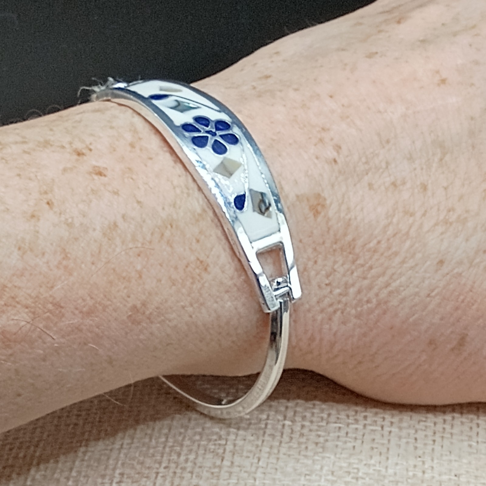 Alpaca Mexico Silver Cuff Bracelet Blue Lapis Abalone Inlay Flower 6.5″ Unworn