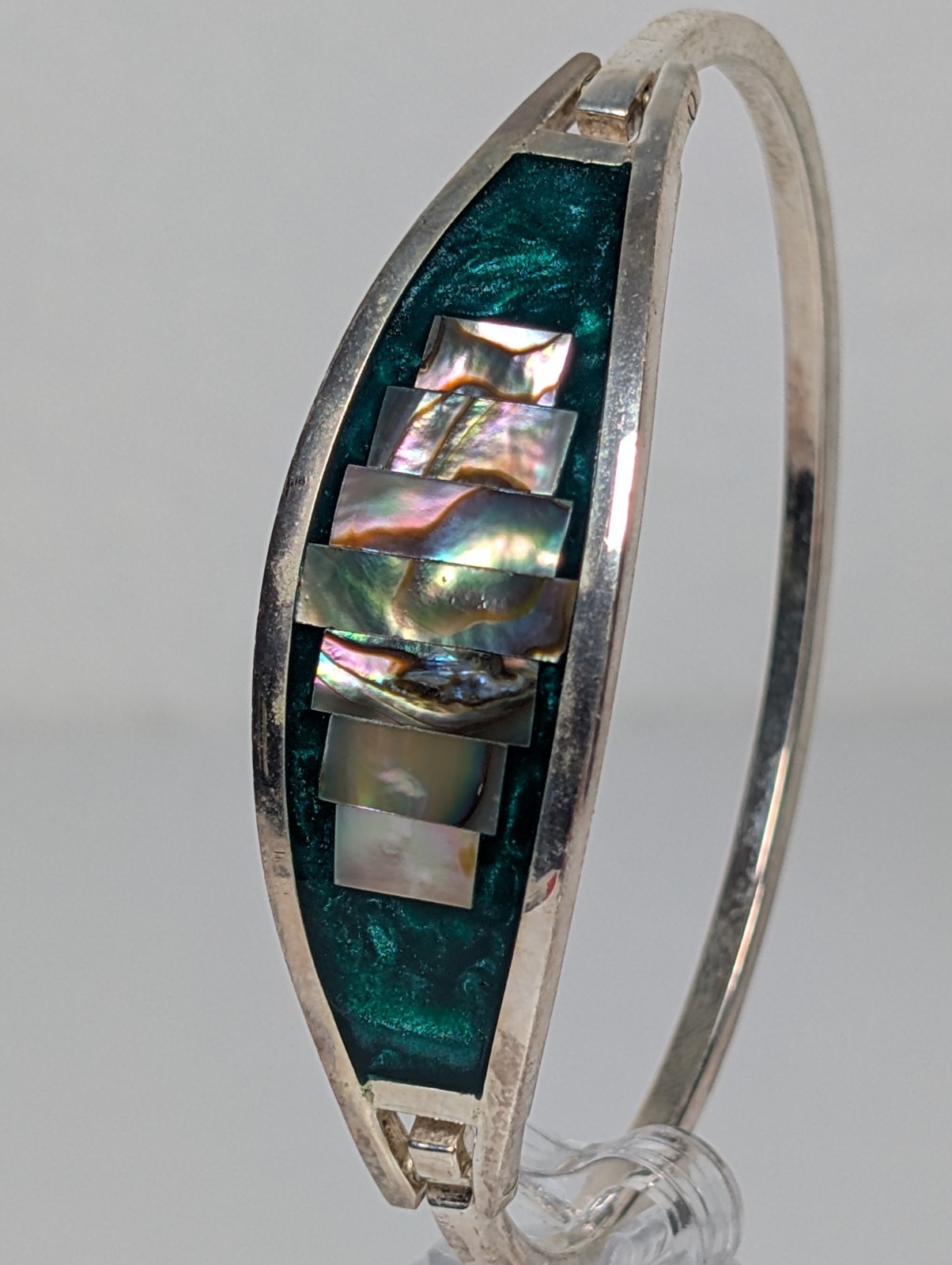 Vtg Alpaca Mexico Hinged Bangle Bracelet MOP Abalone Shell Inlay 1980s NOS