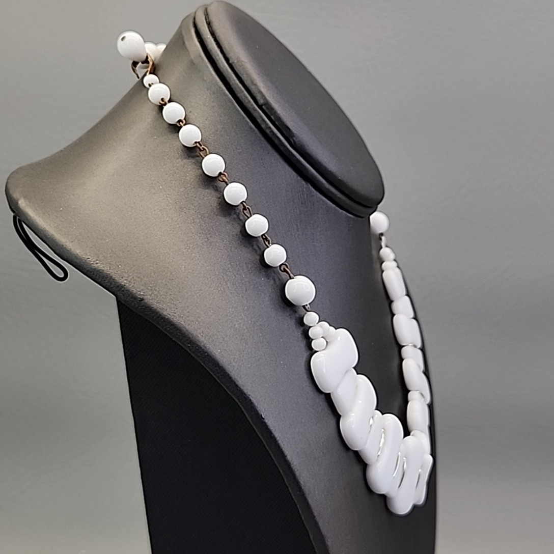 Vintage Beaded Necklace White Milk Glass Choker Hook Clasp West Germany 16″