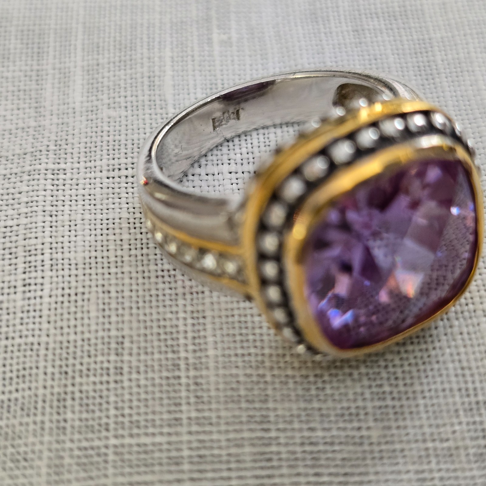 Sterling Silver Lavender CZ Ring Cushion Cut Gold Accent Halo Size 7.5 Statement