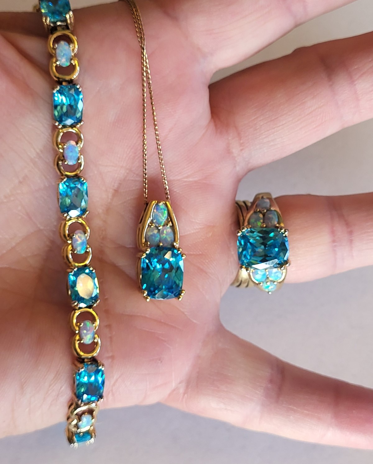 Sterling Silver Vermeil Aqua Blue Gemstone & Opal Bracelet Ring Necklace Parure