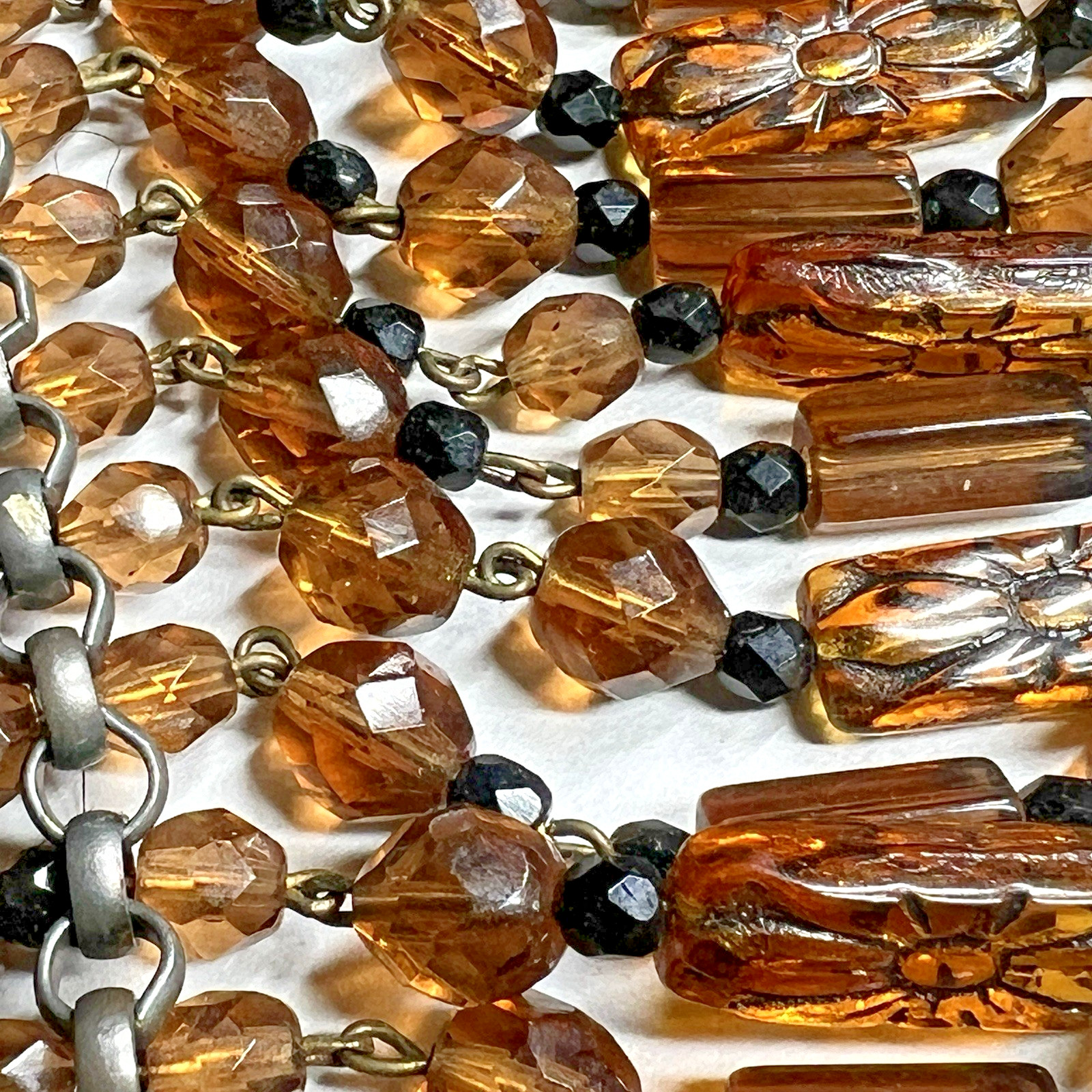 Vintage Amber Glass Beaded Choker Fringe Statement Necklace Collar Bib 15″-18”