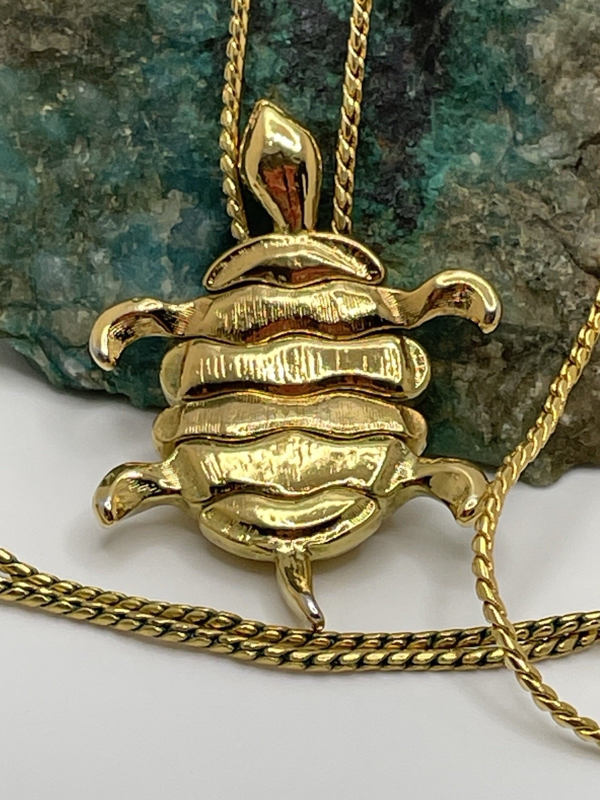 Enamel Gold Tone Articulated Turtle Pendant Necklace Estate Vintage Jointed