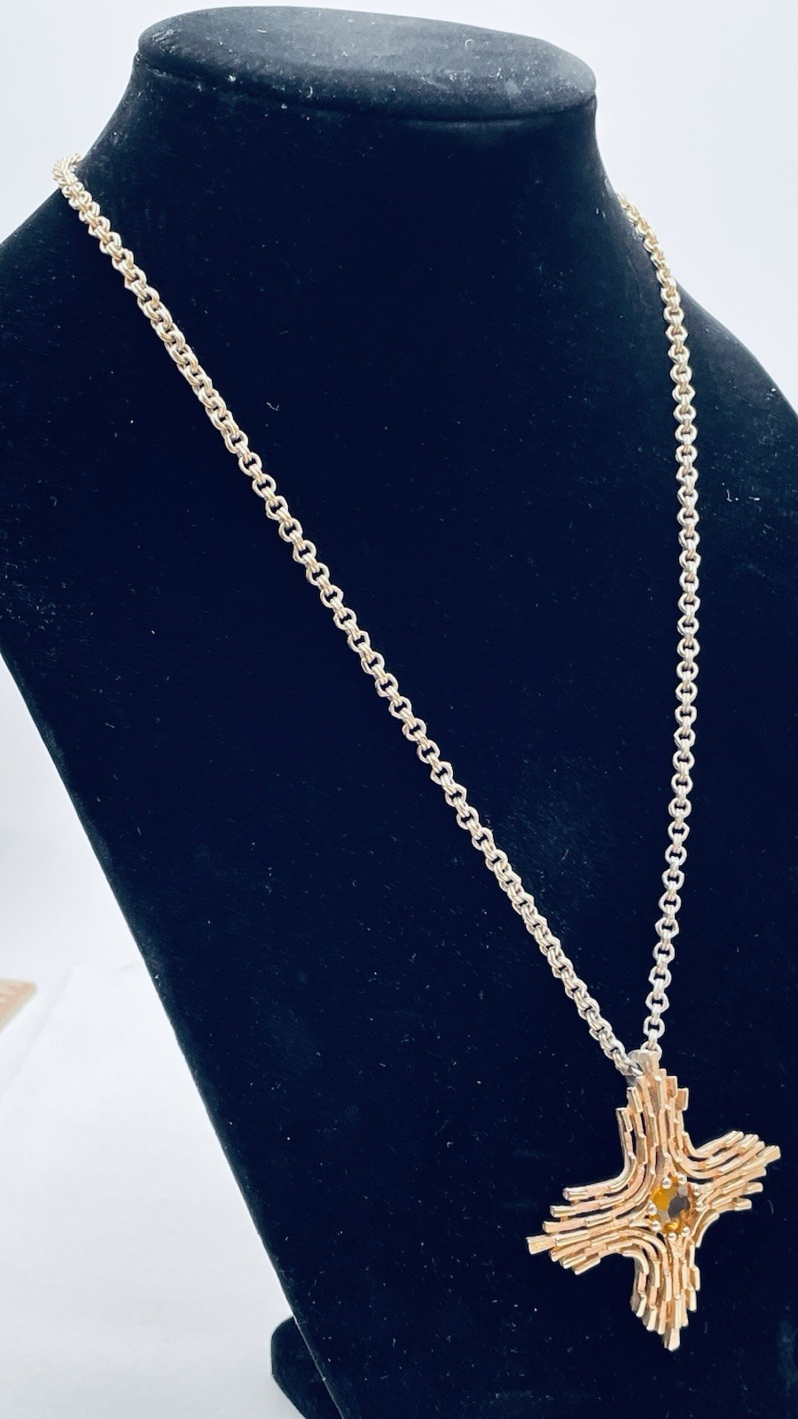 1978 Sarah Coventry Goldtone OMEGA Maltese Cross Rhinestone Pendant 24″ Necklace