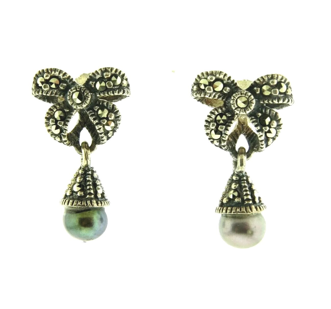 Vintage Sterling Silver Pearl & Marcasite Dangle Earrings .75″