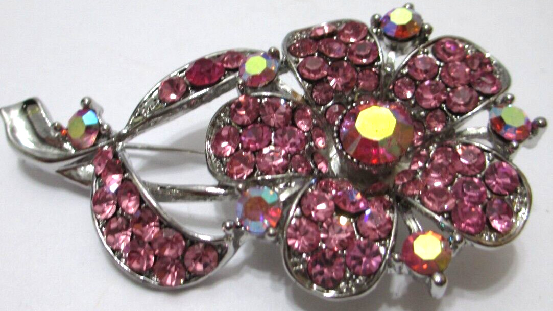 Vintage Unsigned Beauty Flower Brooch AB Pink Rhinestones Silvertone 2 1/2″ T