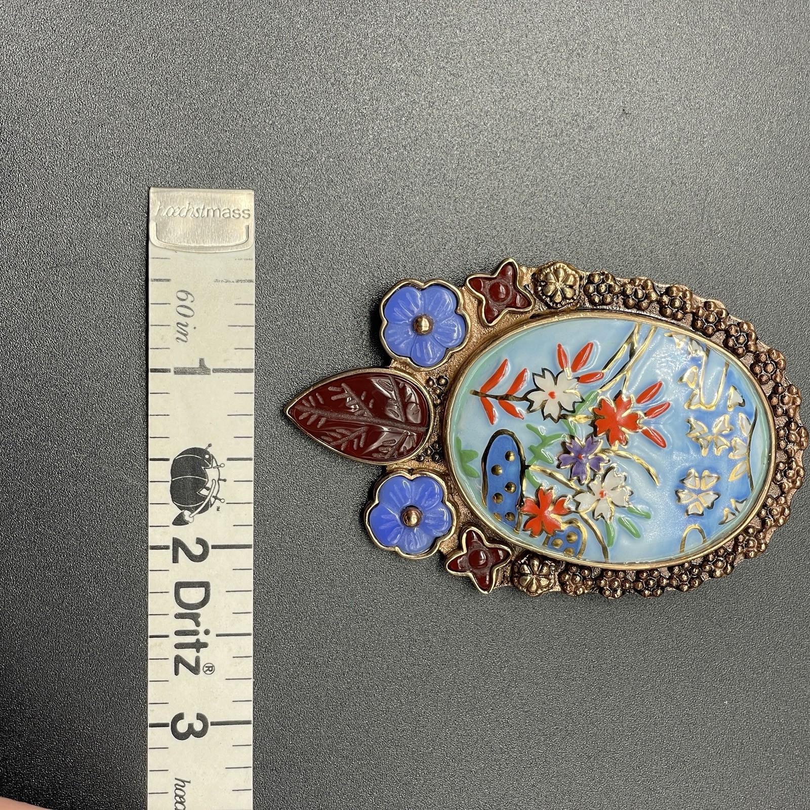 Amy Kahn Russell Bronze Enamel Multi-Gem Flower Lilypond Brooch Pendant AKR