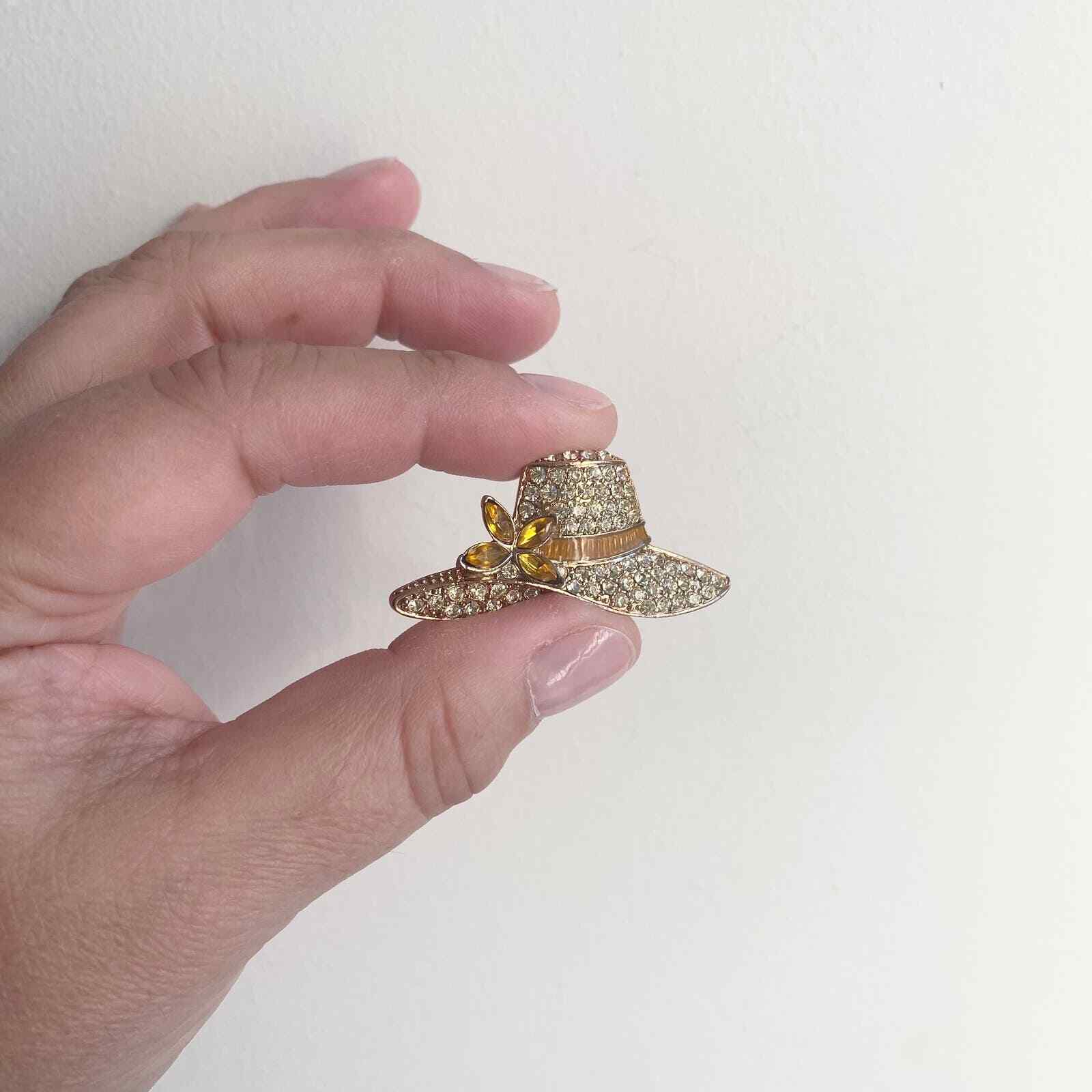 Vintage Monet Gold Tone Pin Crystals Enameled Summer Hat 1930s to 1950s Coquette