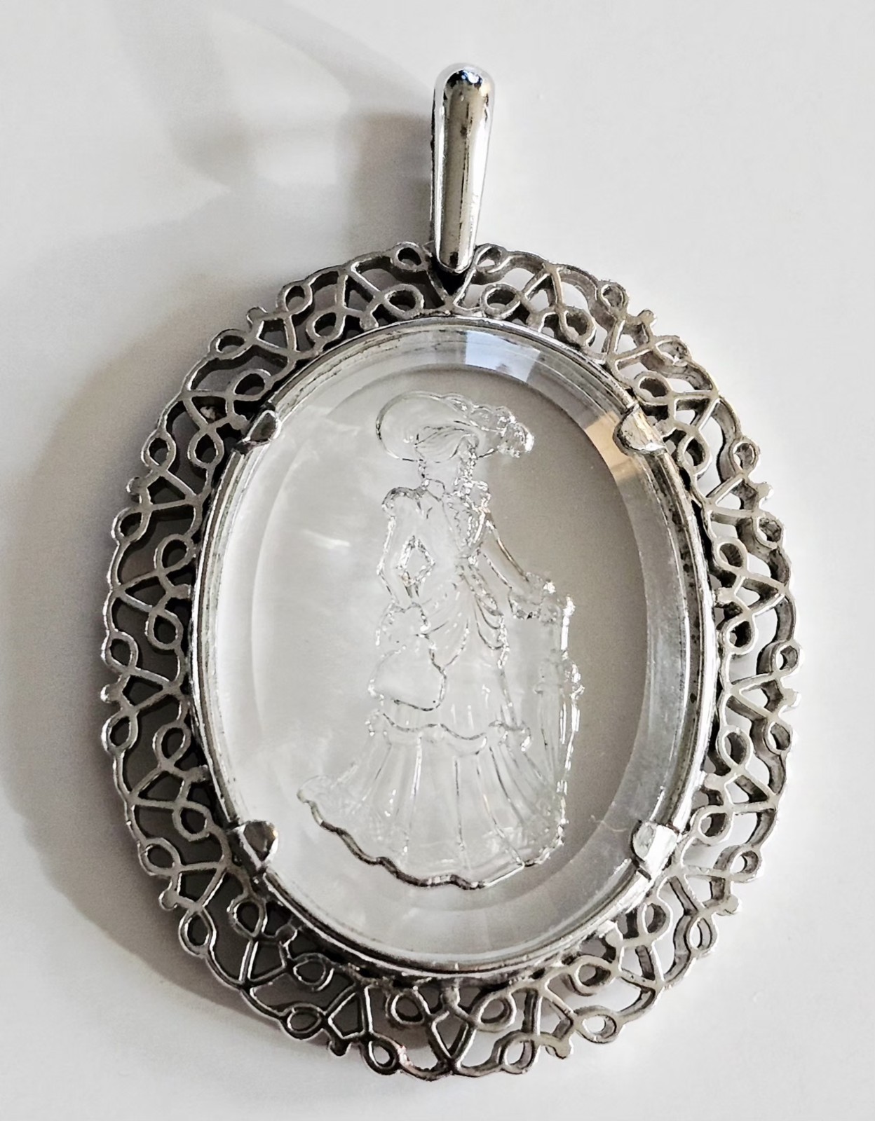 Vintage Avon Cameo Pendant Silver Tone Filigree Lady Intaglio Necklace Charm