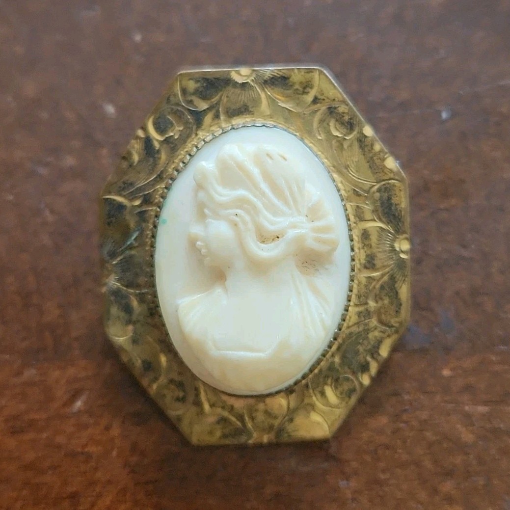 Cameo Portrait Brooch Pin, Octagon Gold-Tone Brass, Oval Cream Stone