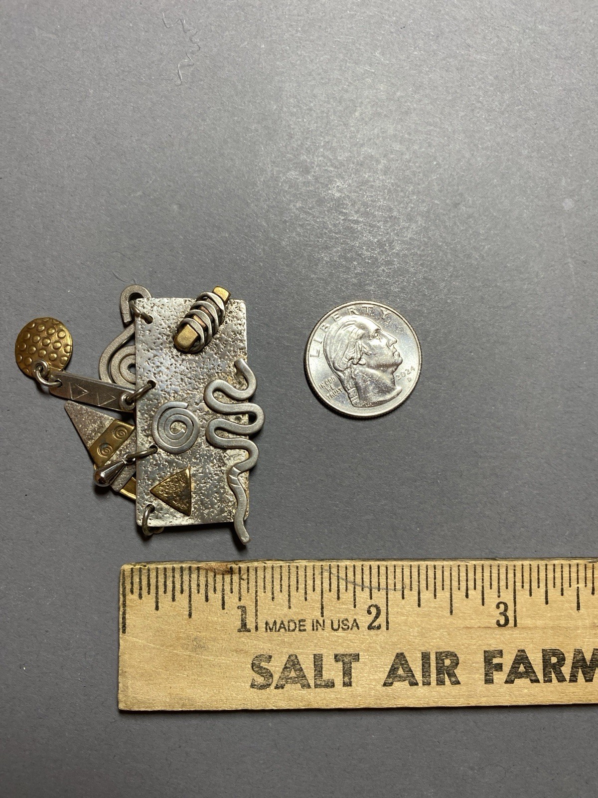 Vintage Sterling Silver Artisan Abstract Mixed Metal Brooch Pin