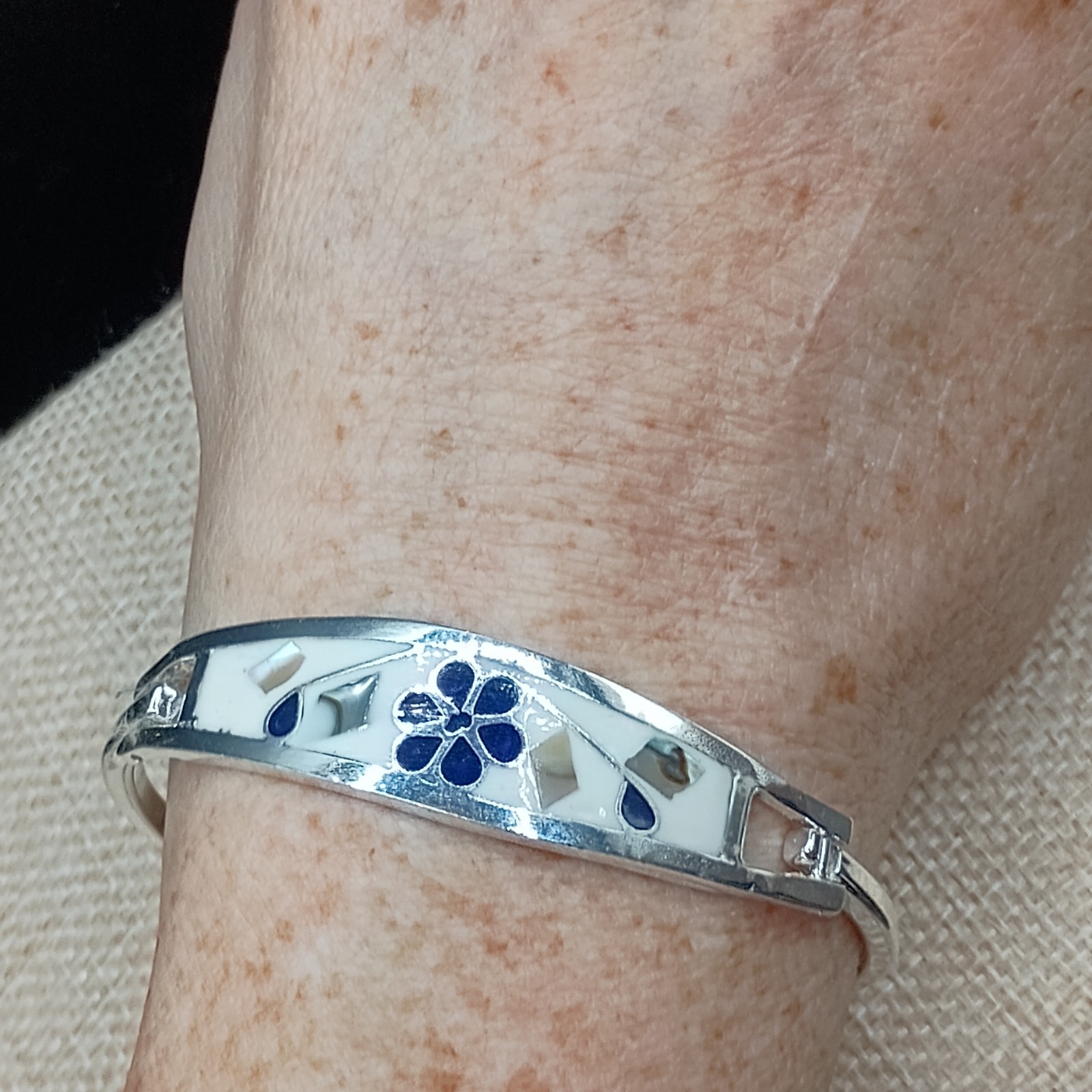 Alpaca Mexico Silver Cuff Bracelet Blue Lapis Abalone Inlay Flower 6.5″ Unworn