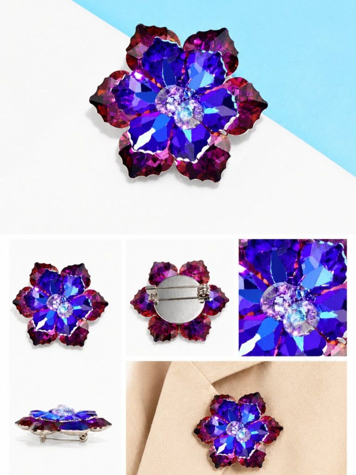 Purple & Red Crystal Flower Brooch Pin – Iridescent Rhinestone Floral Statement