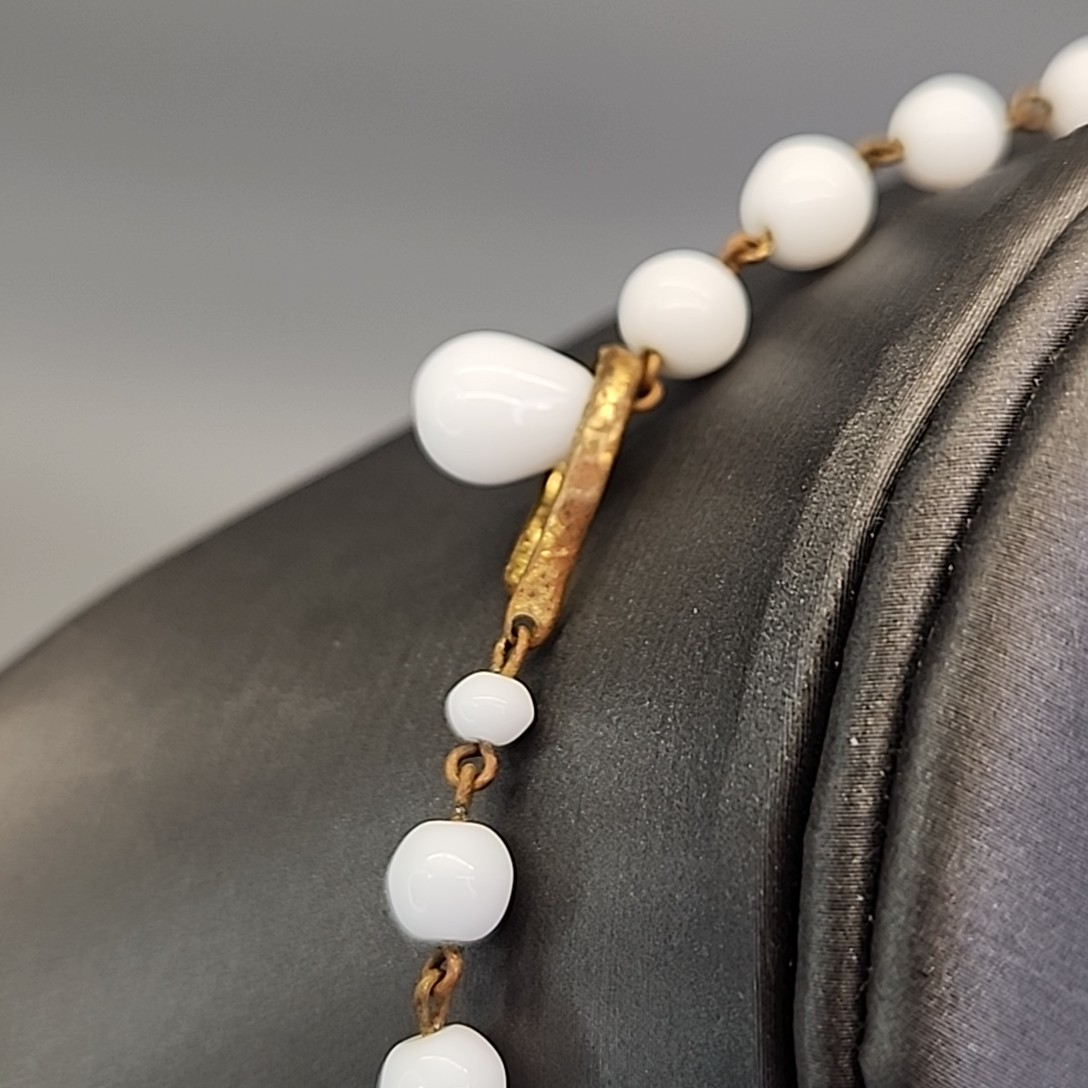 Vintage Beaded Necklace White Milk Glass Choker Hook Clasp West Germany 16″