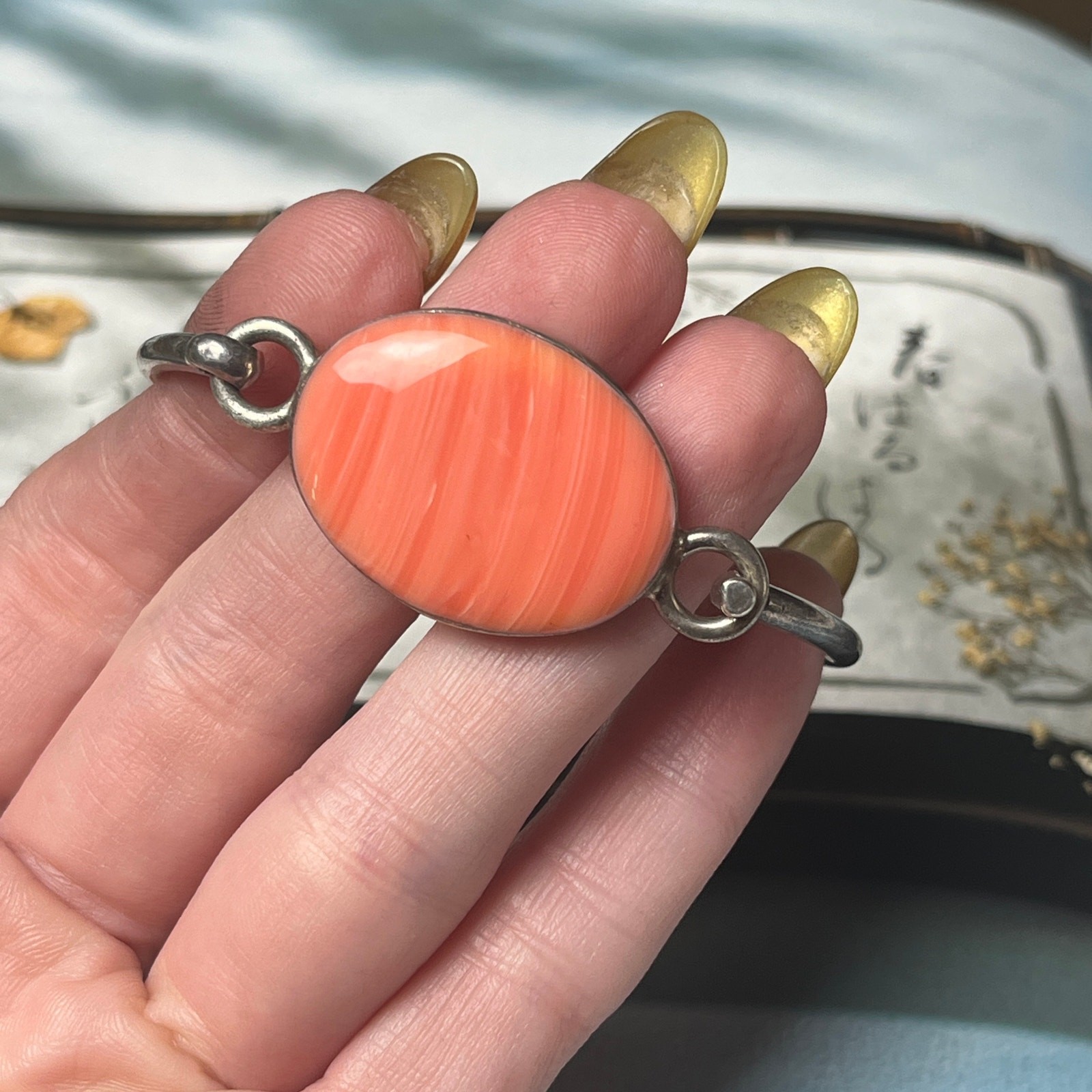 925 Mexico and natural pink peach orange stone, hinged cuff bracelet