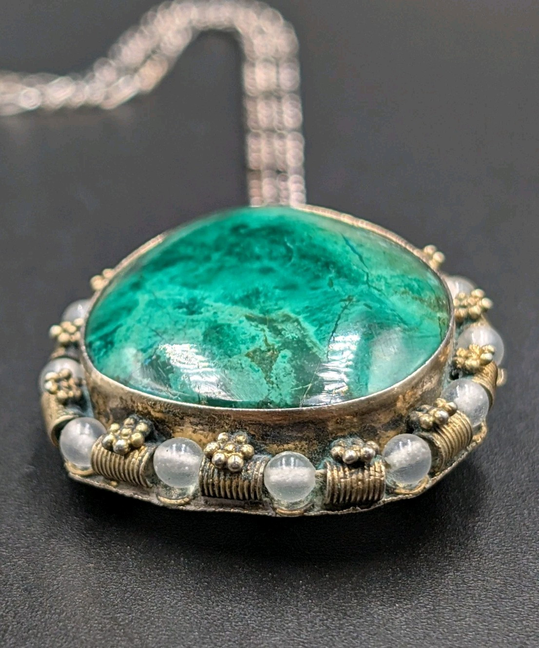 Vtg Sterling Silver Eilat Stone & Glass Beads Pendant/Brooch 22″ Figaro Necklace