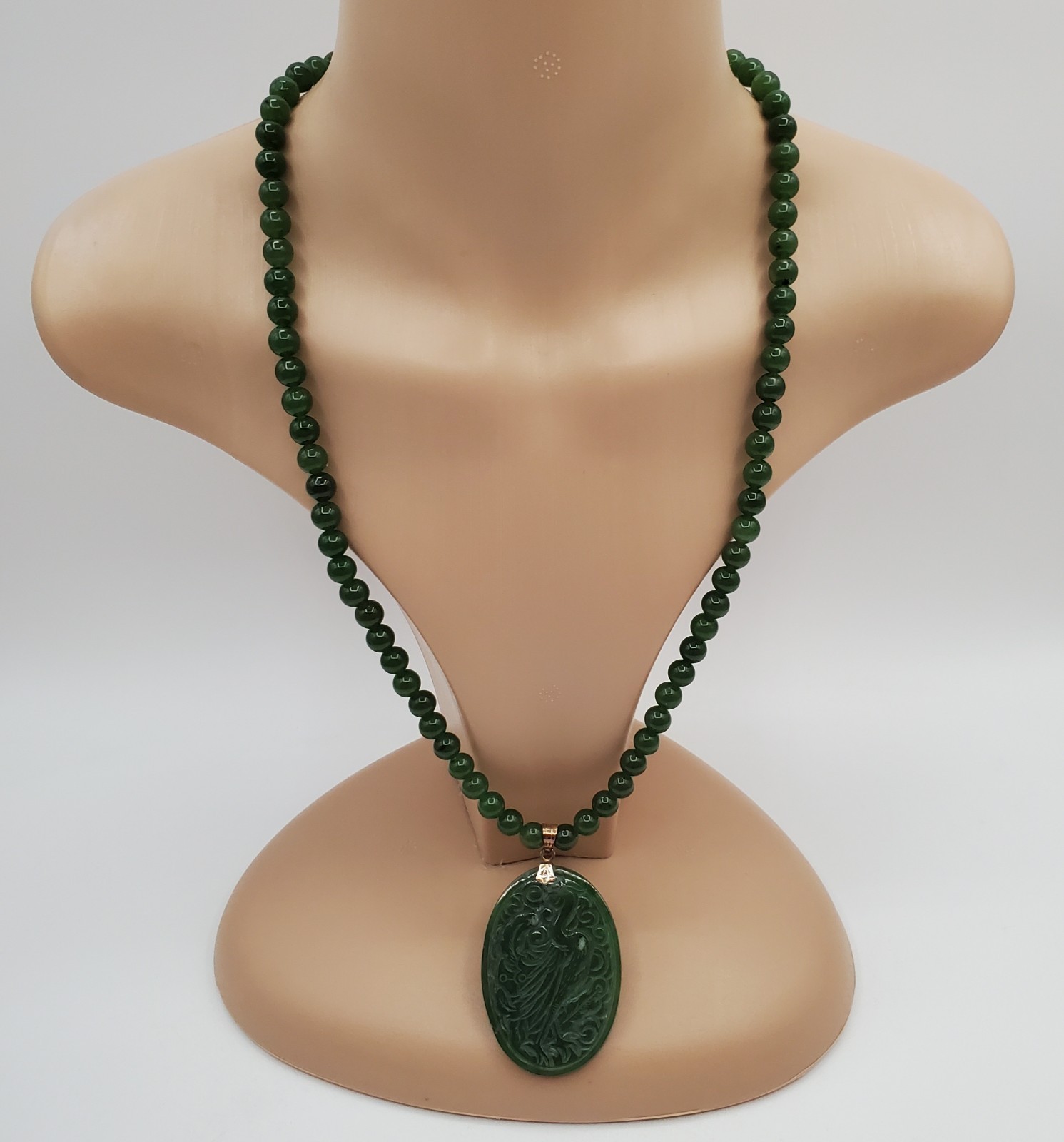 VTG 925 Spinach Jade Crane Dragon Pendant 24in Bead Necklace Carved Reversible