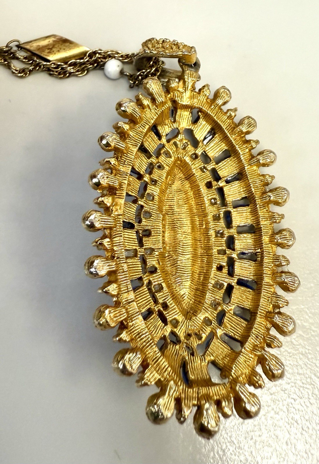 Vintage Gold Tone Pendant Necklace Signed Korea Blue Art Glass Regency Style