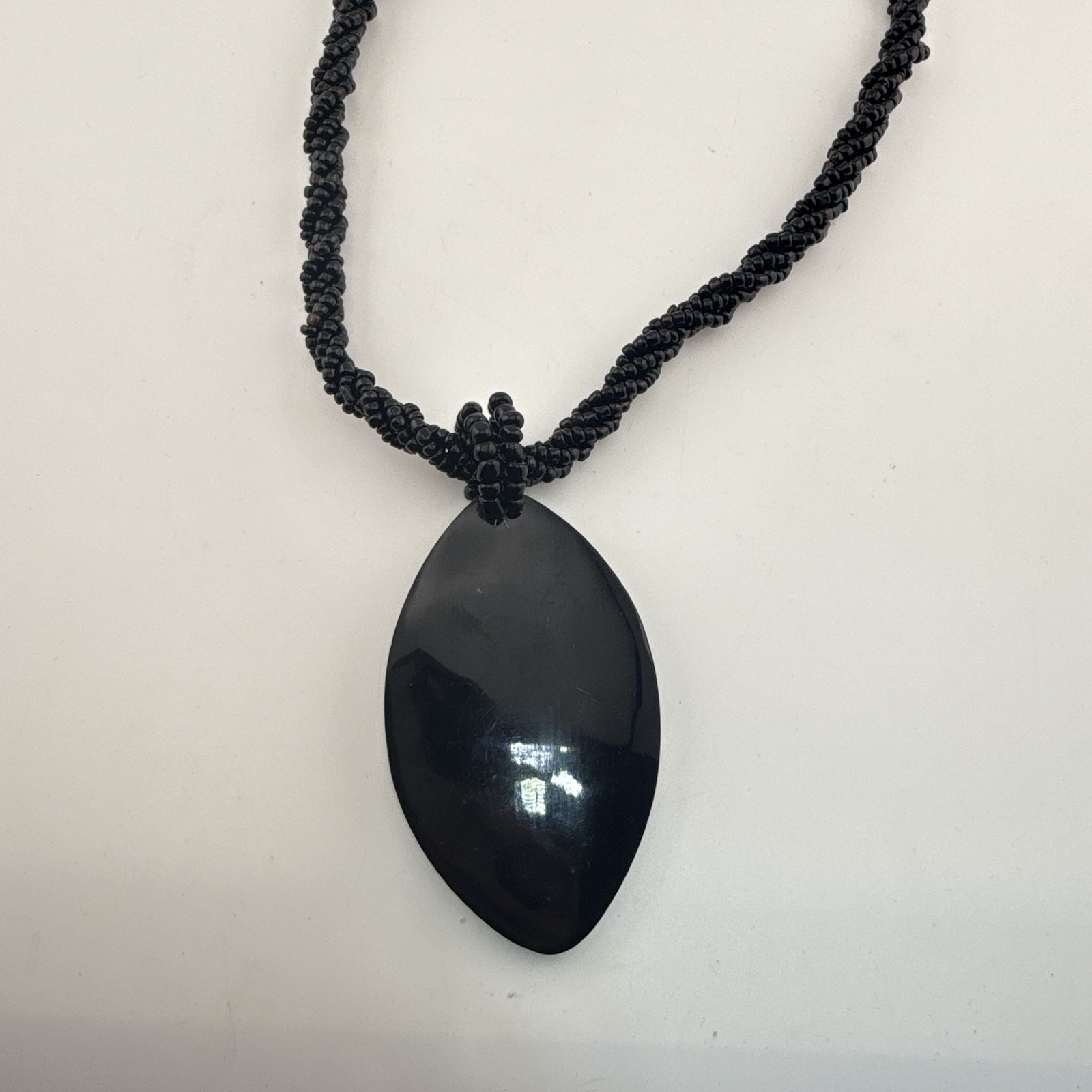 Sajen Necklace Onyx Inlay Beaded Shell Artisan Pendant Oval Black Artsy Tribal