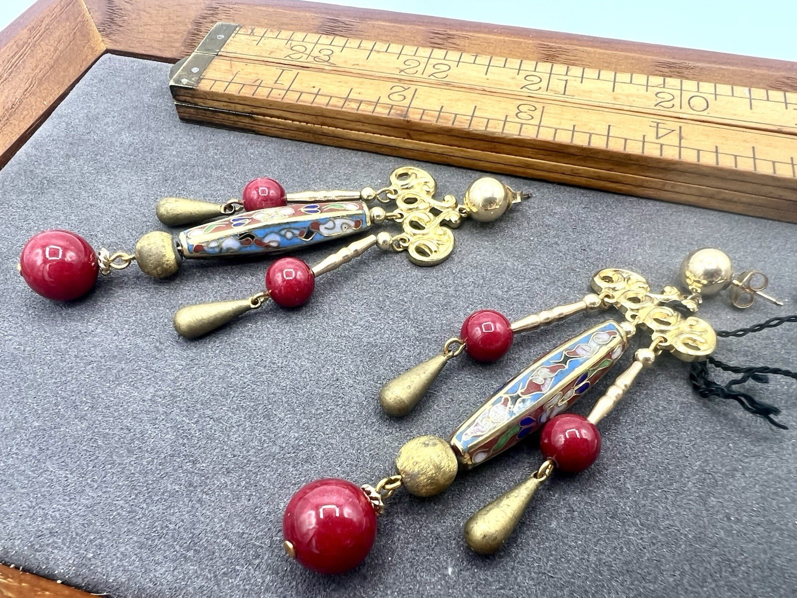Vintage Gold Red Cloisonné Bead Artisan Dangle Earrings New Old Stock NOS
