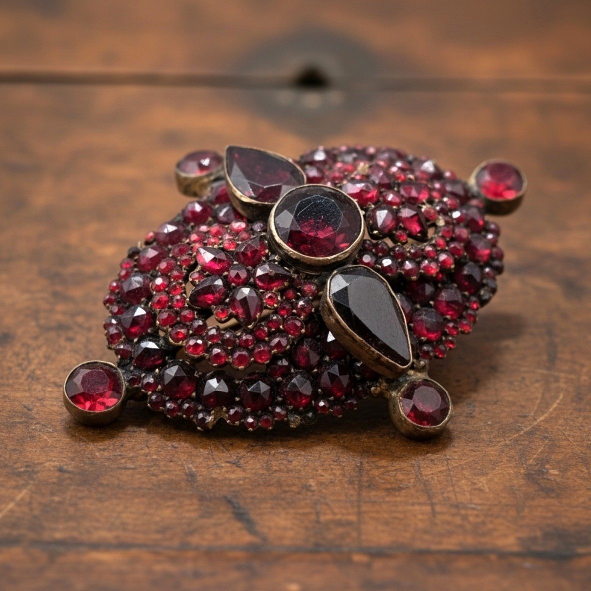 Vtg Bohemian Czech Garnet Brooch Deep Red Victorian Style Floral Cluster 2.5″