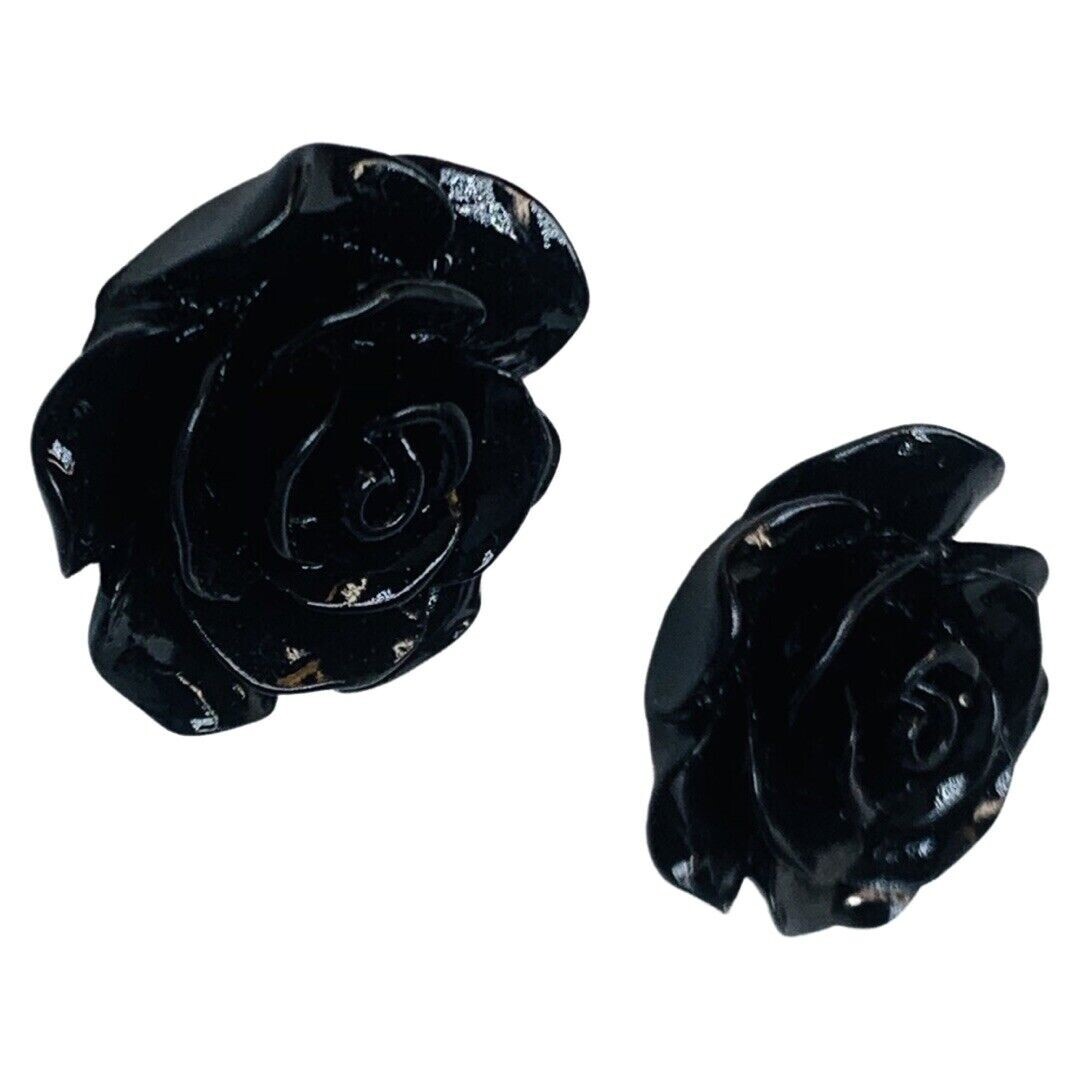 Black Rose Earrings Flower Button Stud 1″ Pierced Lucite Gothic Punk Indie