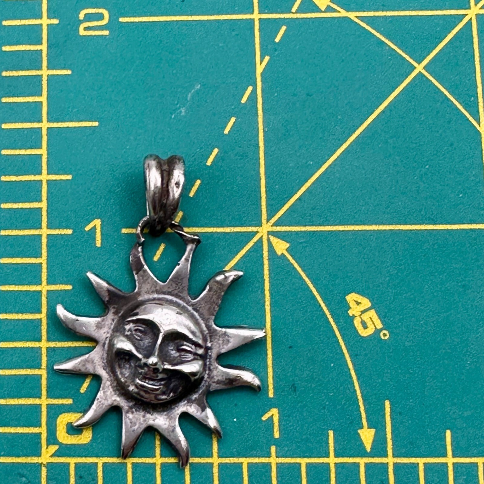 Happy Sun Face Pendant Celestial God Cast Sterling Silver Marked 925 Tilted Bail