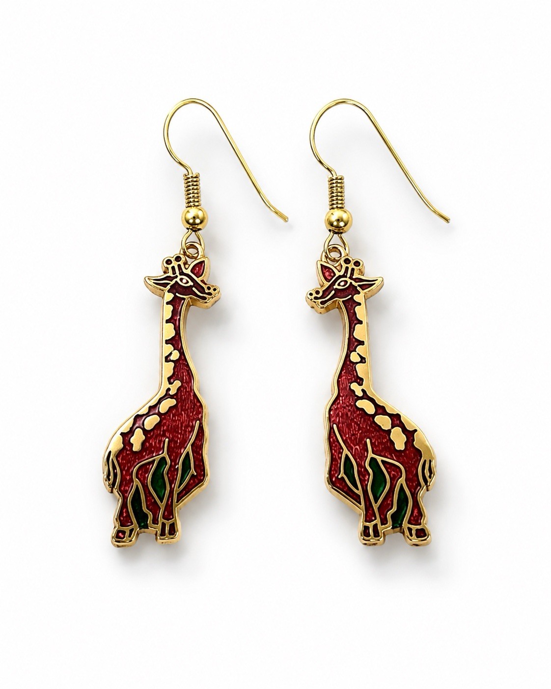 Vintage Giraffe Dangle Earrings Gold Tone Red Green Enamel Safari Animal 1.75”