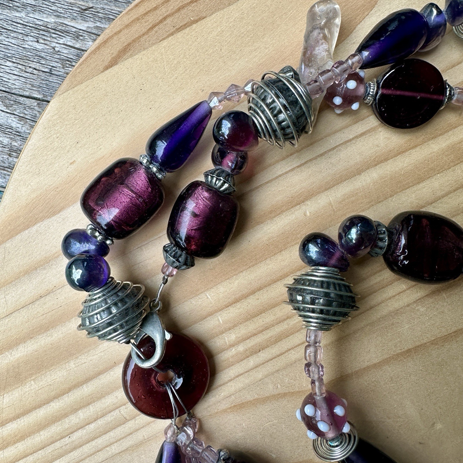 VTG Artisan Beaded Necklace 41 Inch Metal Art Glass Statement Tassel Multicolor