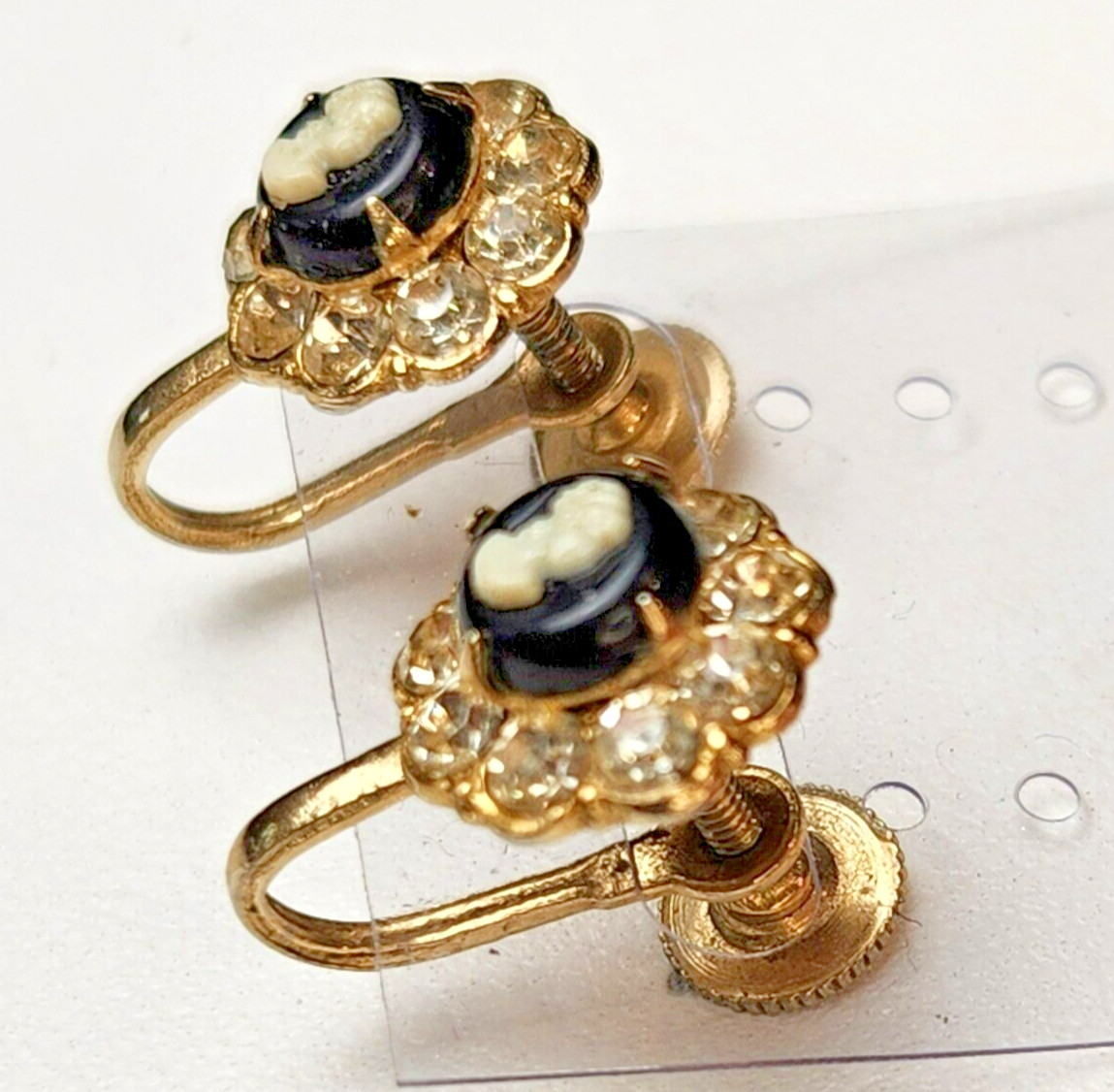 Coro Cameo Earrings Ivory/Black Gold Tone Rhinestones Screw Back Vintage Signed
